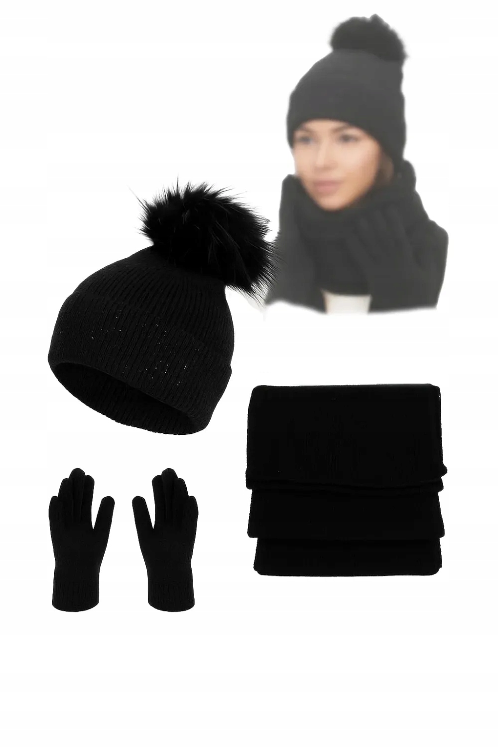 Černý zimní dámský komplet W454D Polar Fashion Čepice Šátek Rukavičky