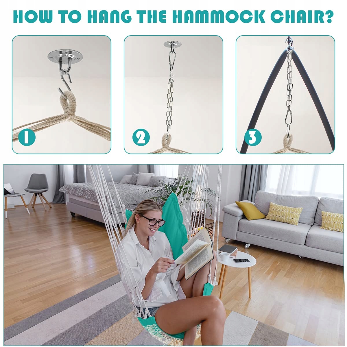 HAMMOCK Hängesessel Zielony Bawełna 227kg Z Kieszenią I Poduszkami — miniatura 9