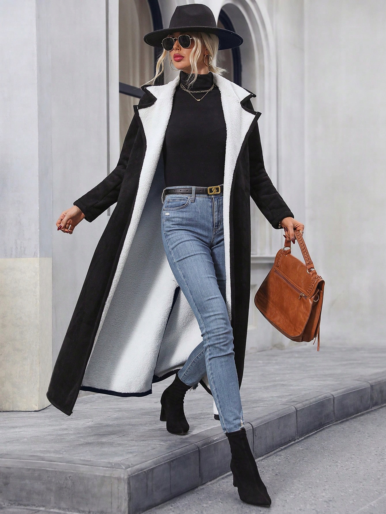 KOŻUCH ZAMSZOWY PŁASZCZ DŁUGI BEZ ZAPIĘCIA CZARNY CASUAL SHEIN XS 34