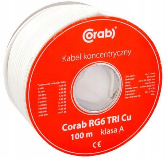 Koaxiální Kabel RG6 Tri Cu Corab (cívka 100 m) třída A