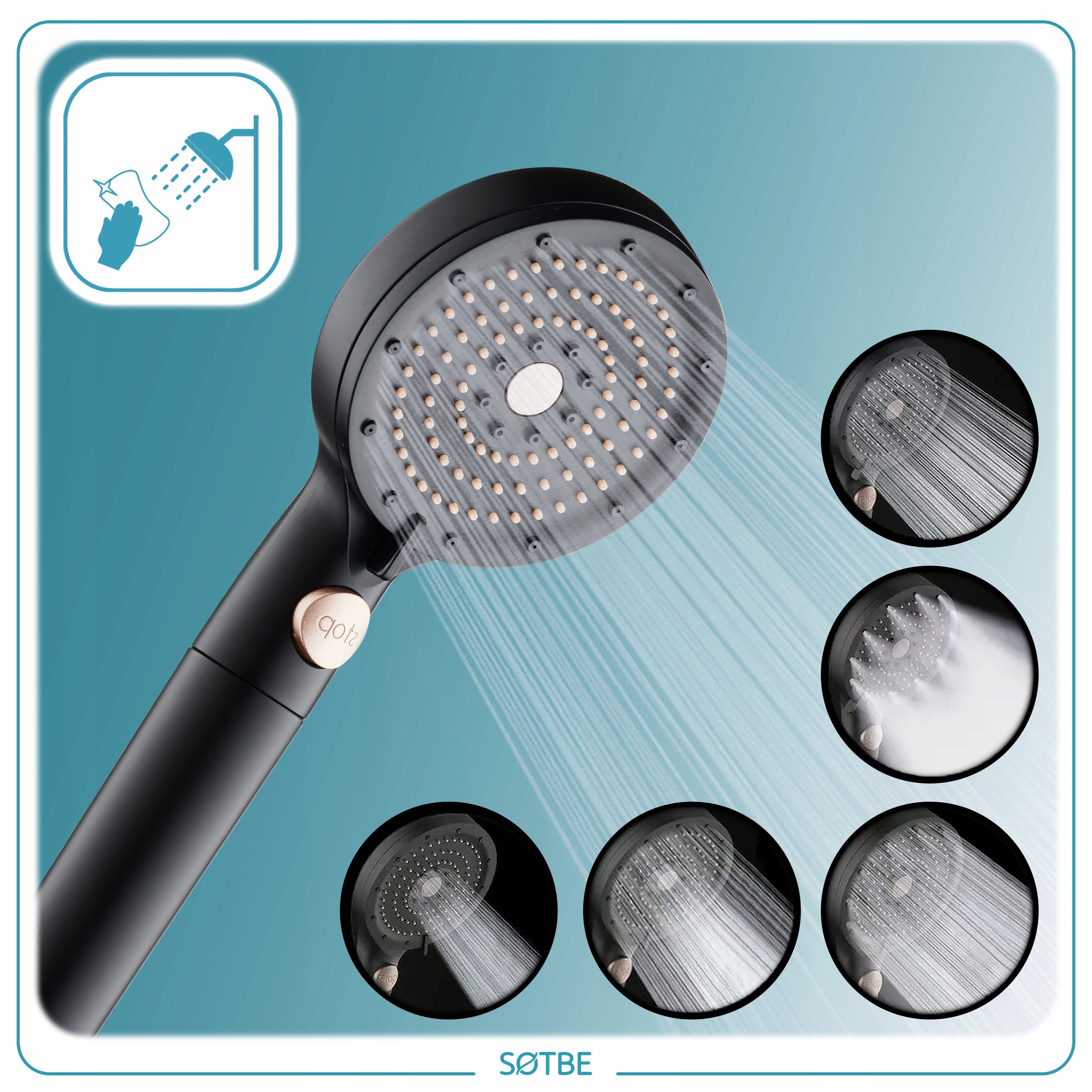 Słuchawka do prysznica 5 trybów Czarna Oszczędna Anti calc Filtr wymienny Linia LARK słuchawka prysznicowa