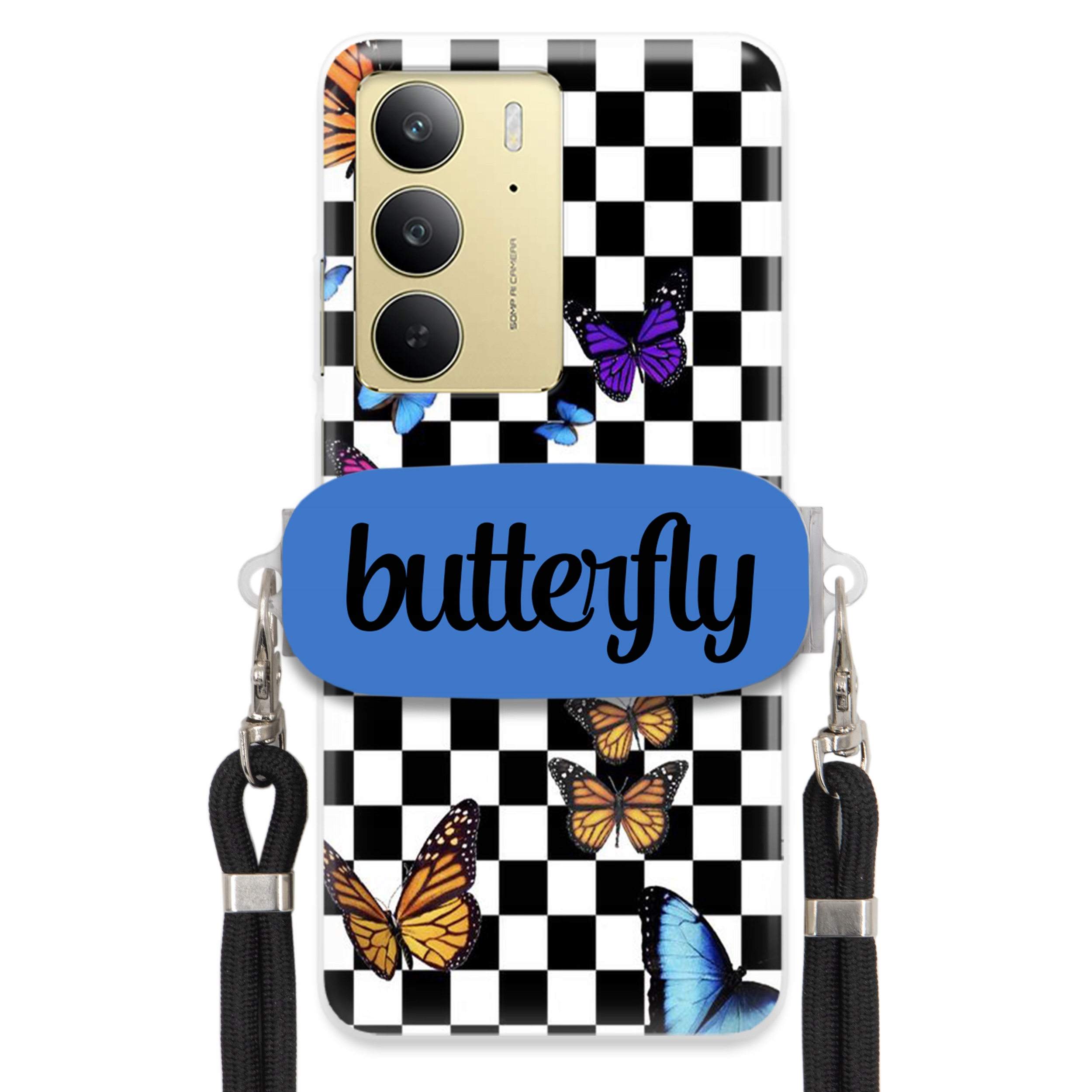 Puzdro Na Realme C75 4G Puzdro S Obdĺžnikovým Držiakom, Čierne, Vodítko, Butterfly, Motýle