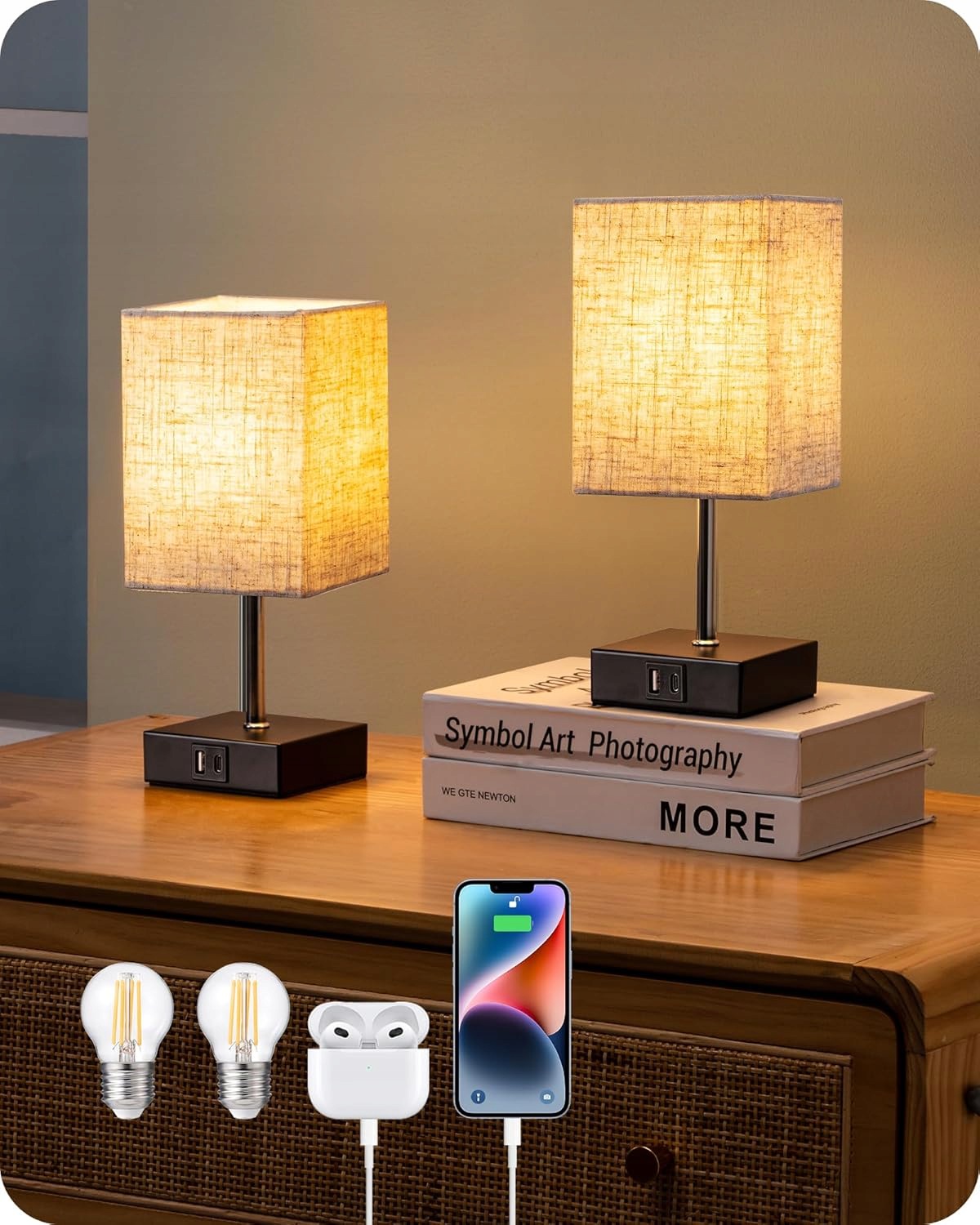 2X Nočná Lampa Led Dotyková Stmievačka Usb-a Usb-c Béžová