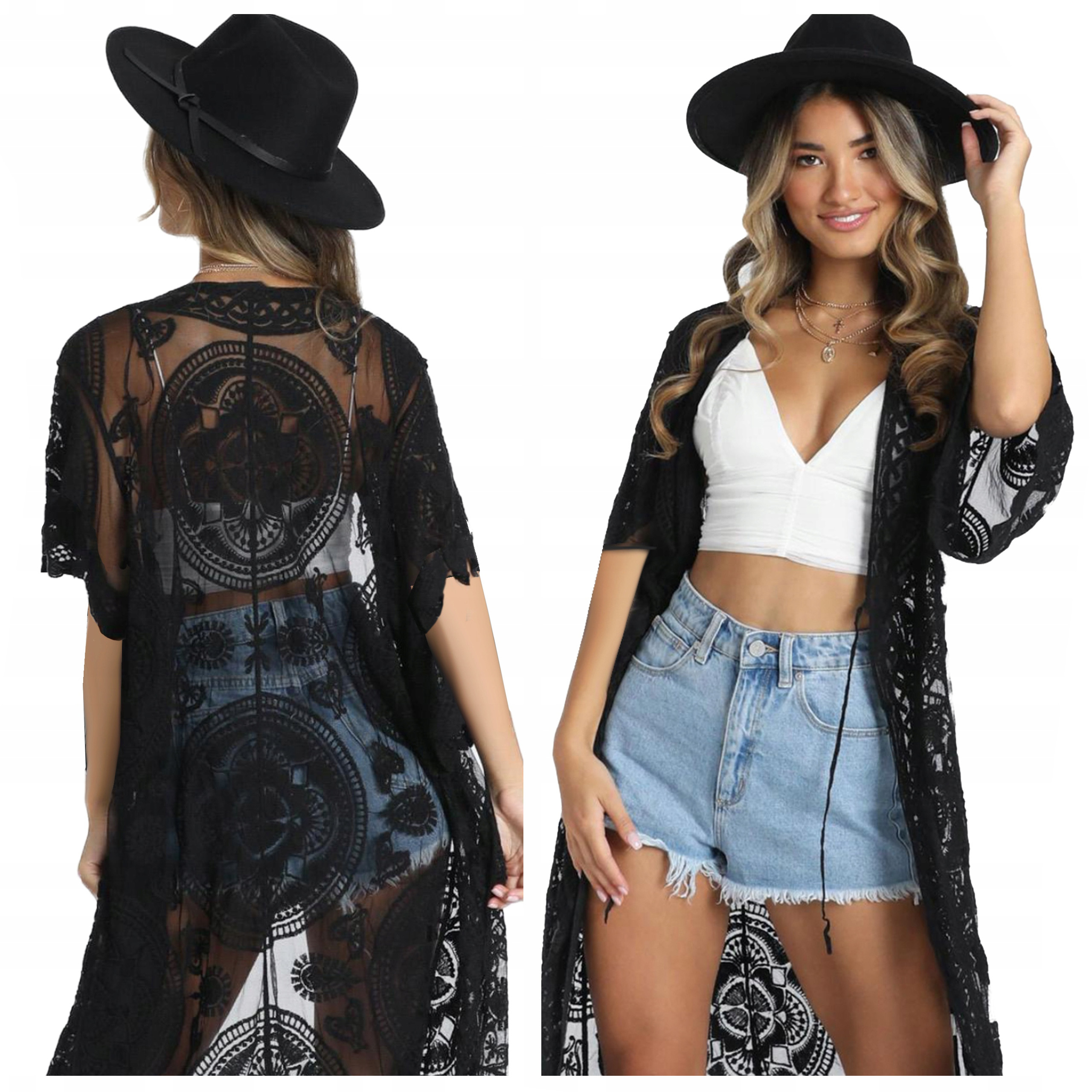 Sukienka letnia Pareo koronka Plażowa luźna narzutka Czarna