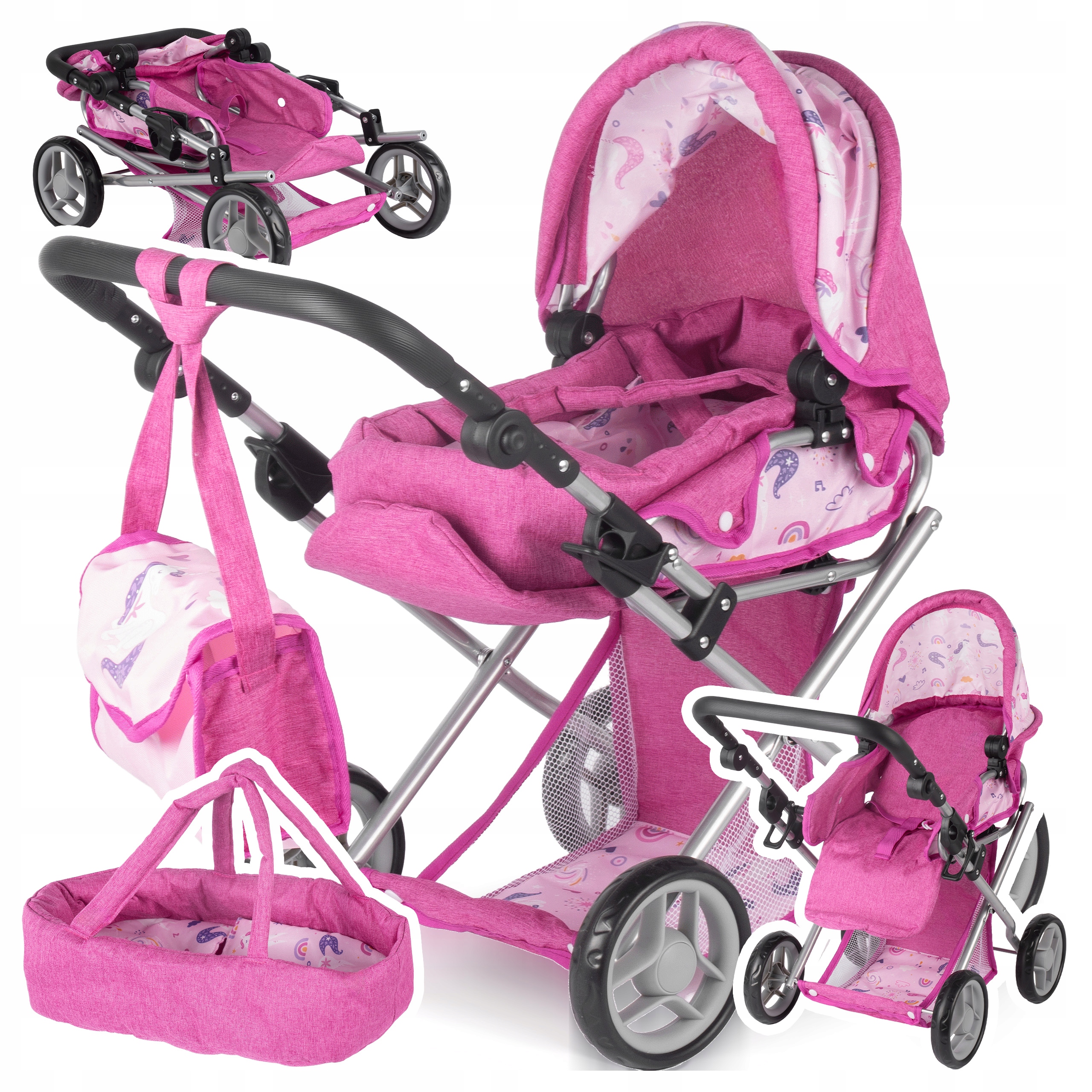 3&nbsp;vienā&nbsp;leļļu ratiņi, gondola, ratiņi, pārnēsātājs, aksesuāri, regulējams grozs