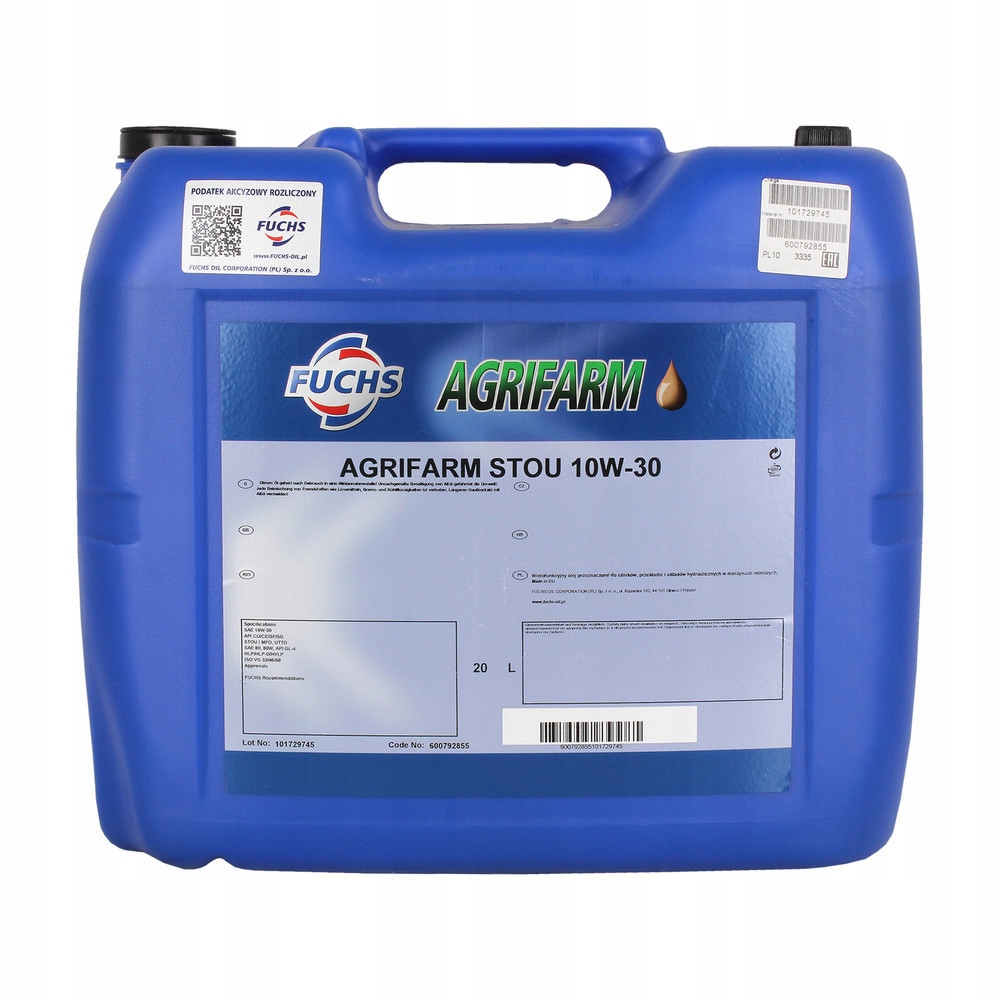 Olej silnikowy AGRIFARM (20L) SAE 10W30 (STOU) API CD CE GL-4 Producent Fuchs