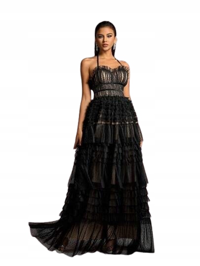 Shein Černá Večerní Šaty S Tylovými Volánky 1HK