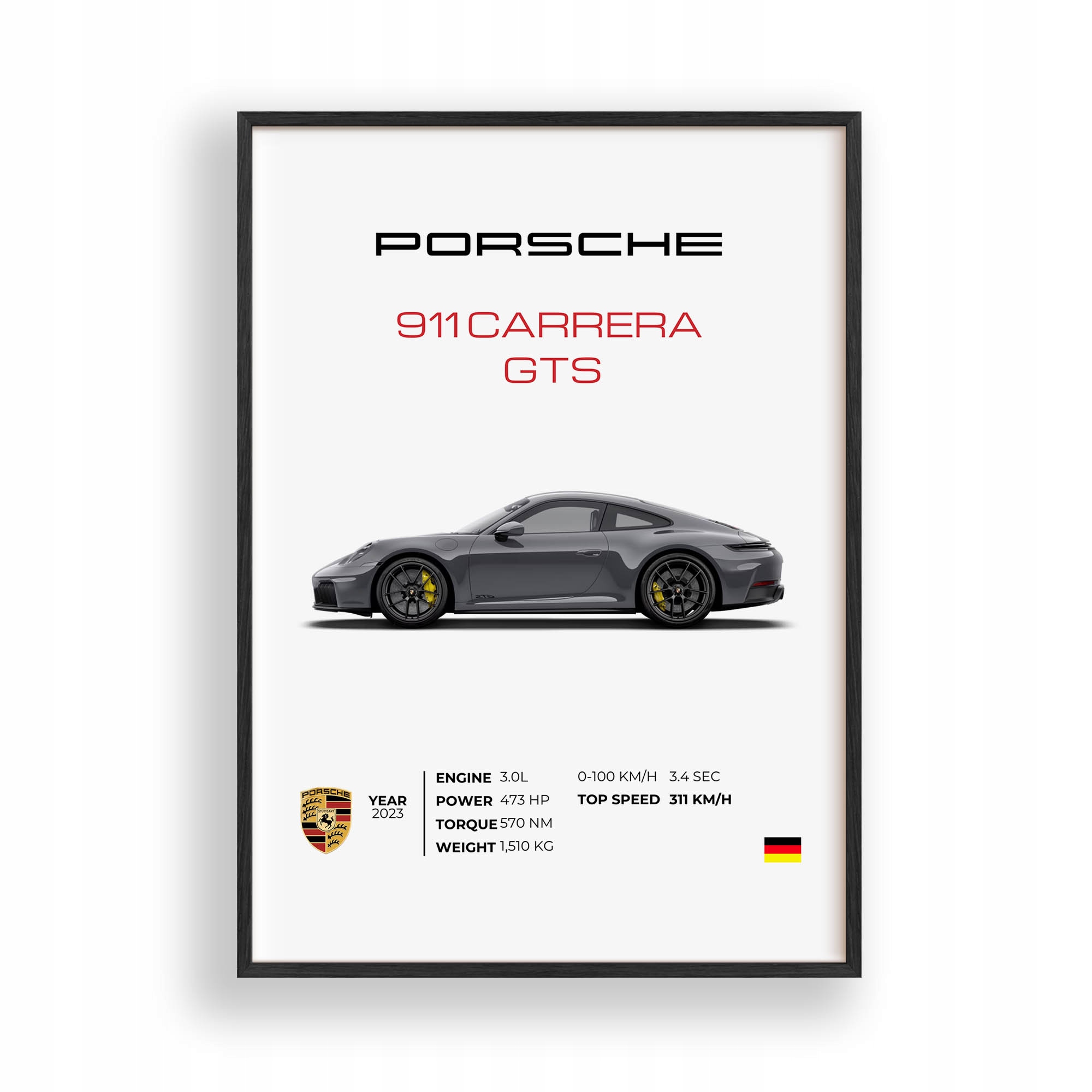 Obraz Auto Porsche 911 Gts Plakát Rámeček Dřevěný Černý 30x42 cm