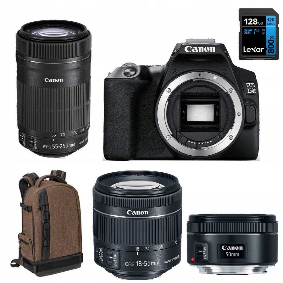 Canon 250D+18-55 Is STM+55-250 Is STM+50MM 1.8 STM+128GB Lexar+Batoh