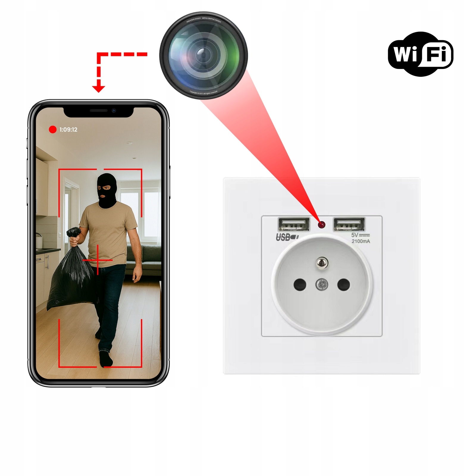Miniatúrna skrytá špionážna Wi-Fi kamera v zásuvke Full Hd – živý náhľad