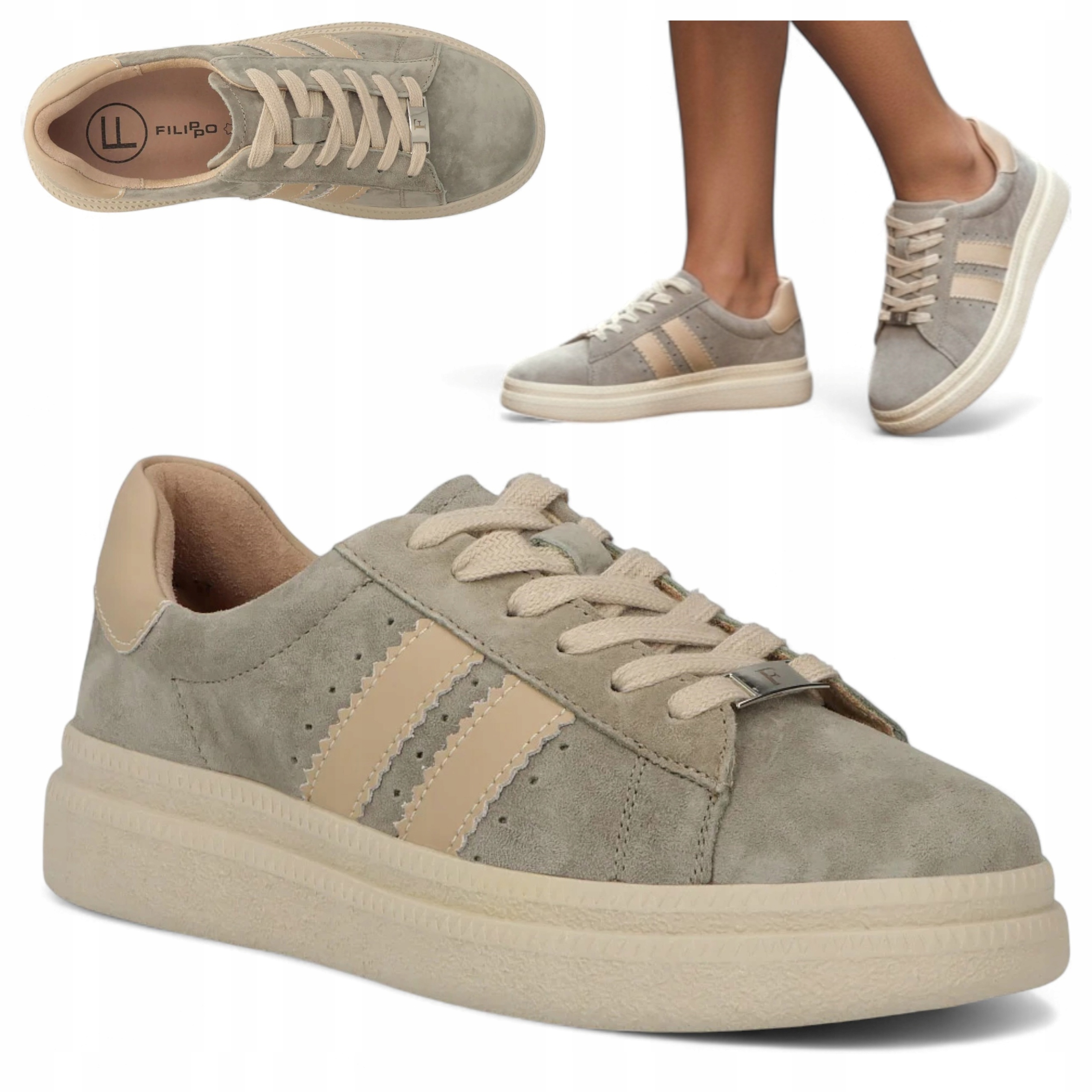 Dámské polobotky z kůže 40 Filippo Sportovní boty se šněrováním, šedé, semišové