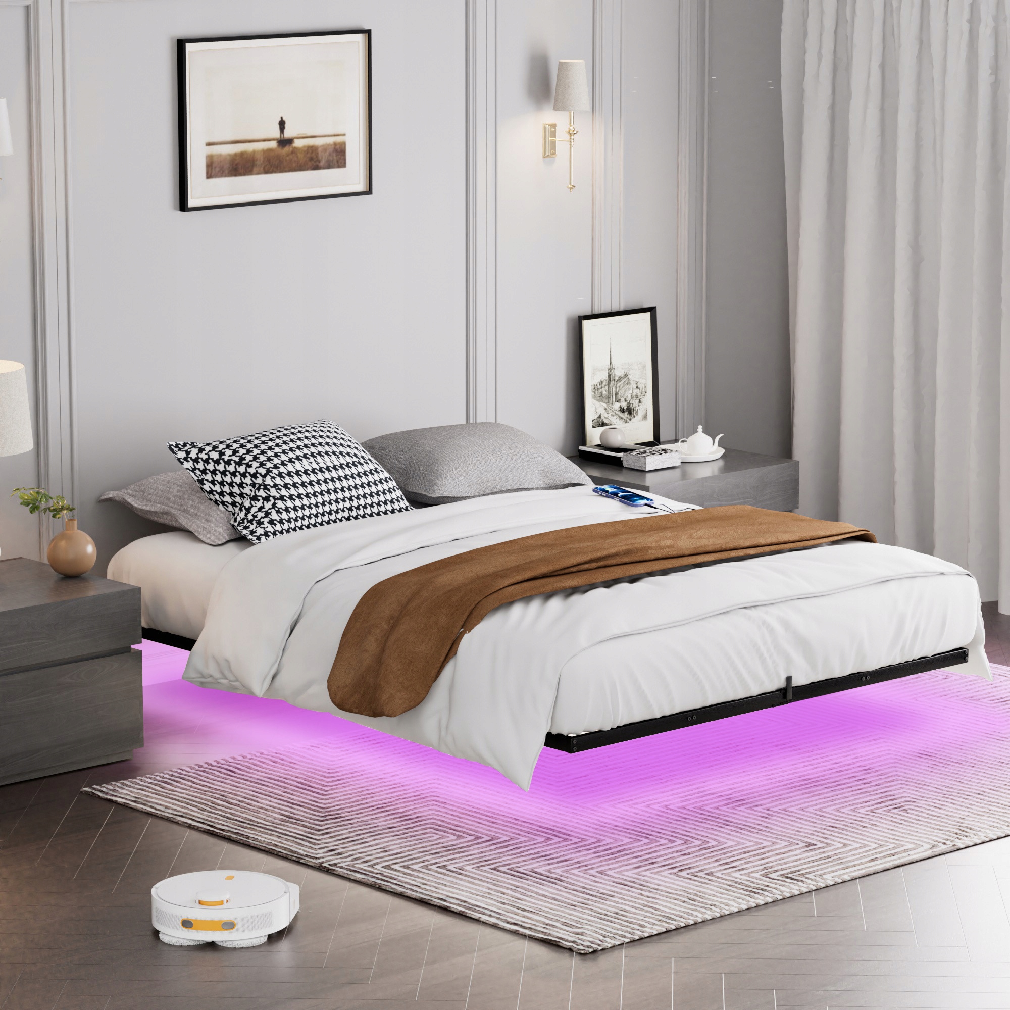 Čalouněná postel, manželská postel 160x200 Led Kovová závěsná postel