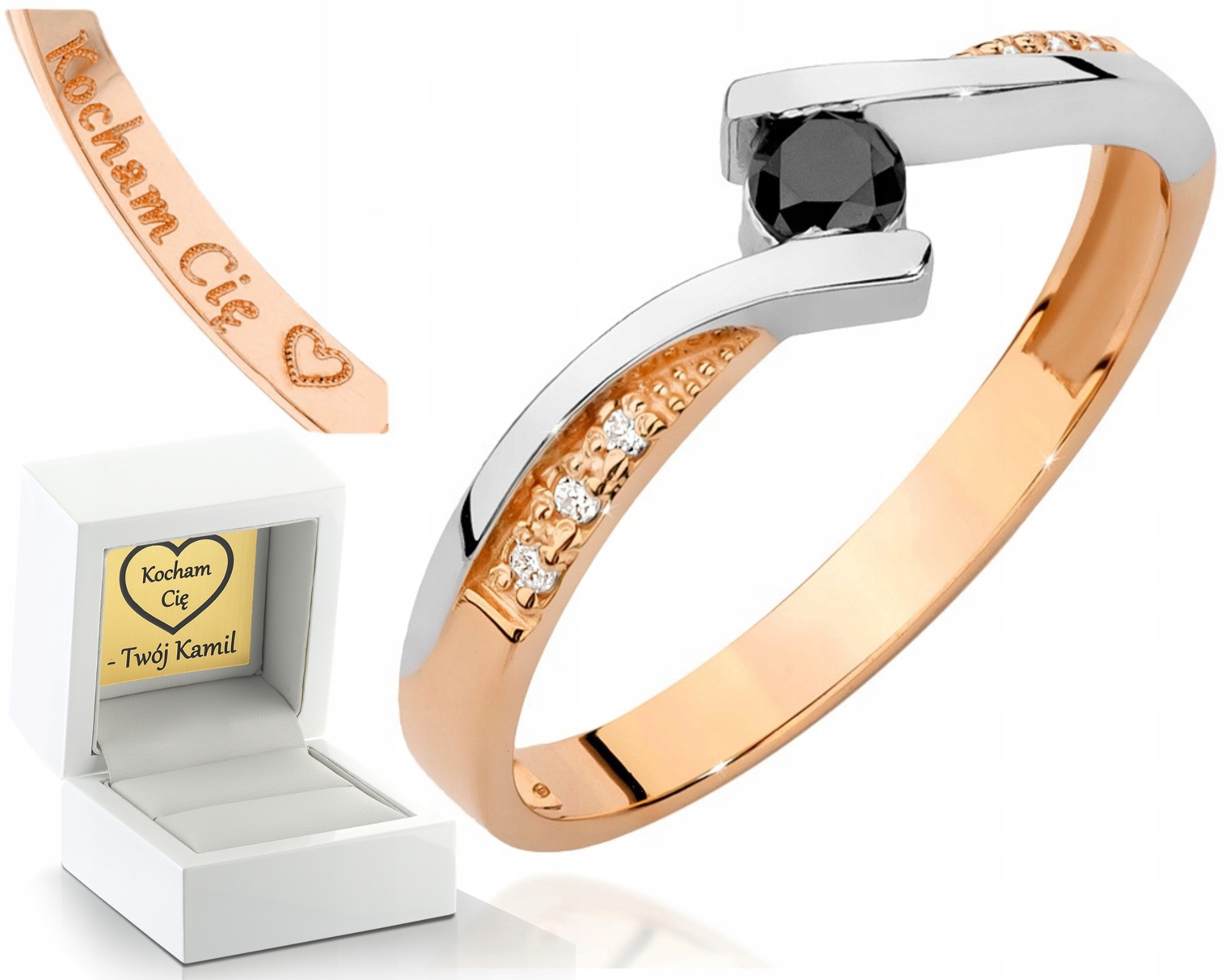 Růžové Zlato Prstýnek Černý Briliant Gravírování 585