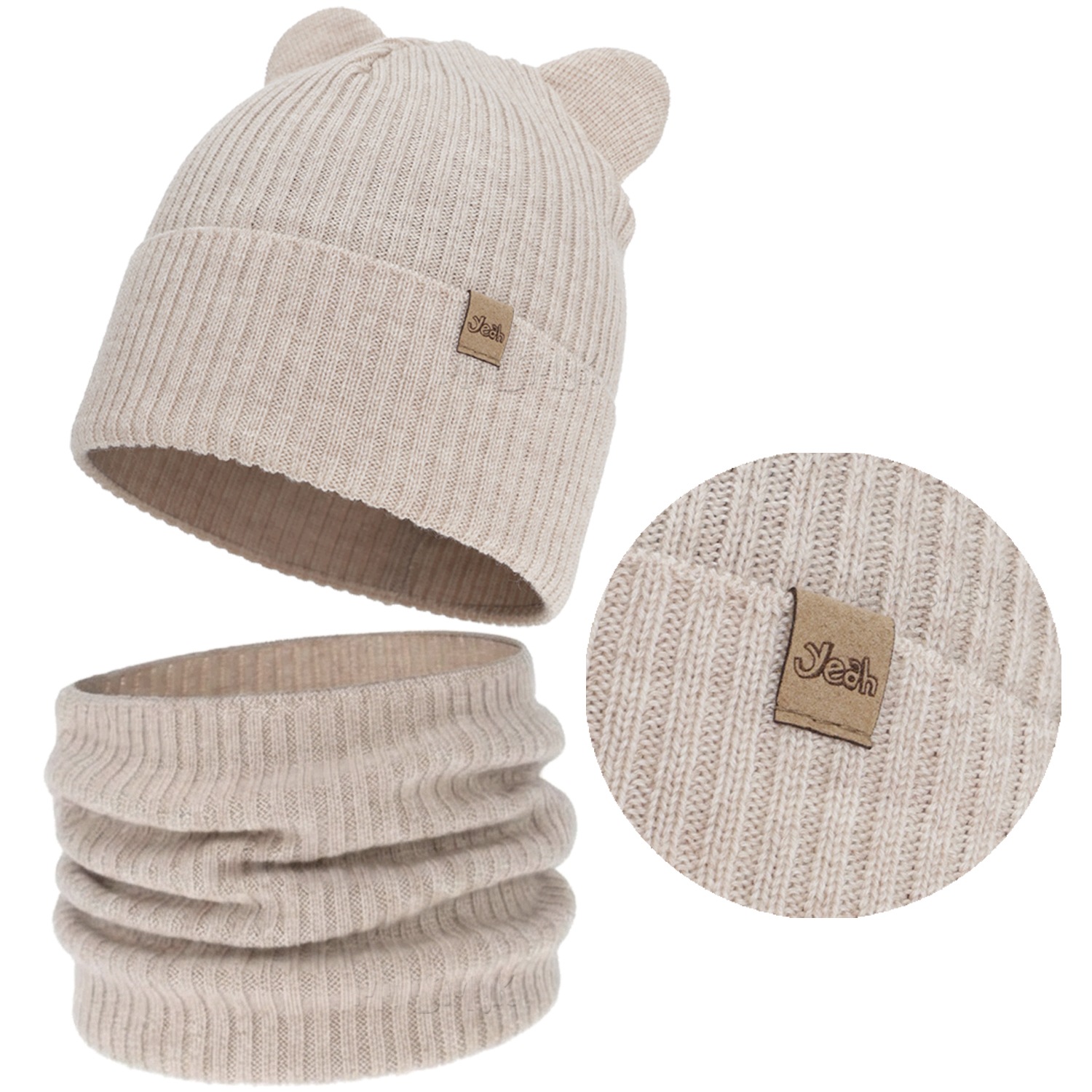 Beżowy Komplet Wełna Merino D03 Czapka Komin jesień wiosna Prążek r 52-54