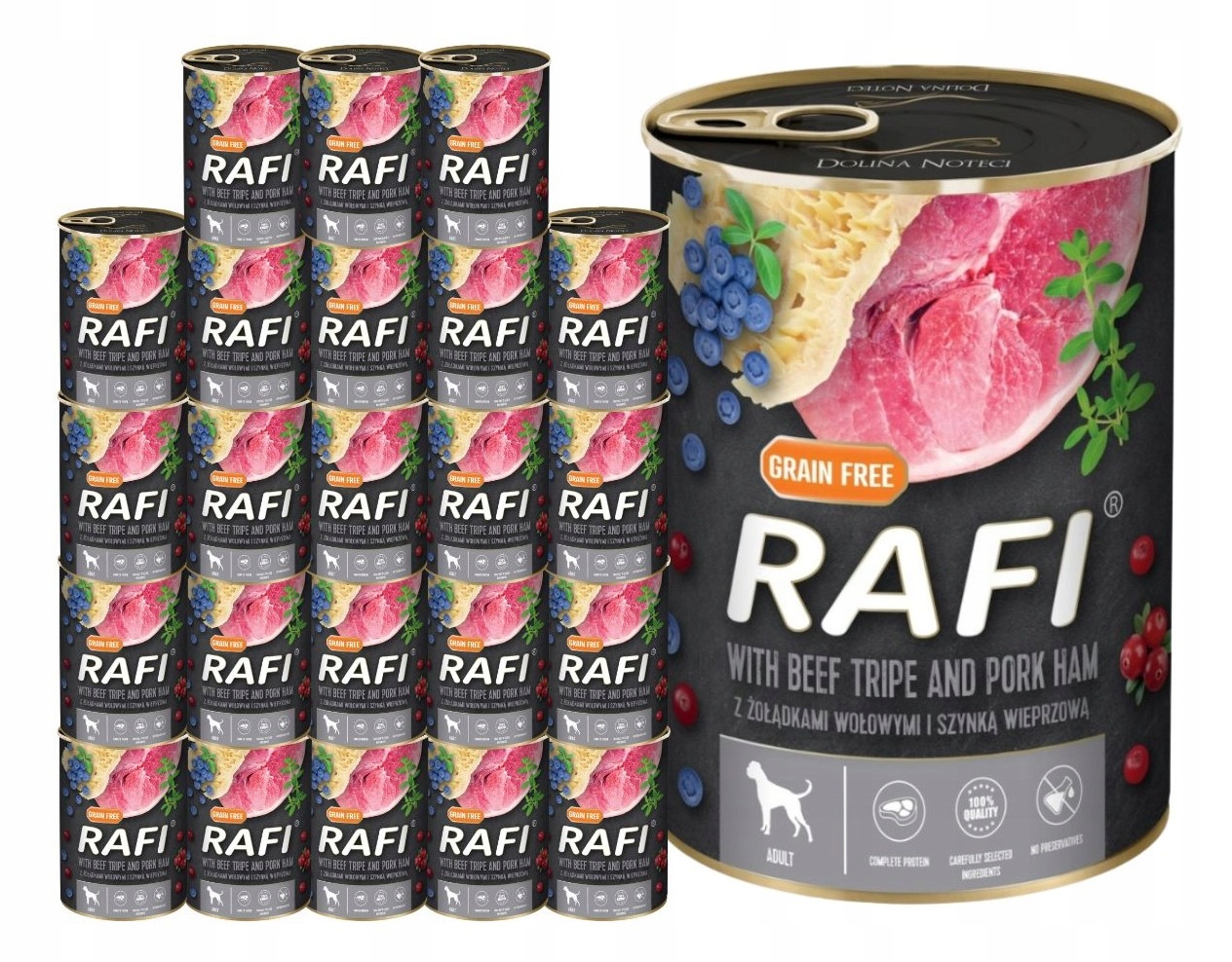 Levně Rafi vlhké krmivo pro psy s hovězími žaludky a šunkou 24x400g Bezobilné