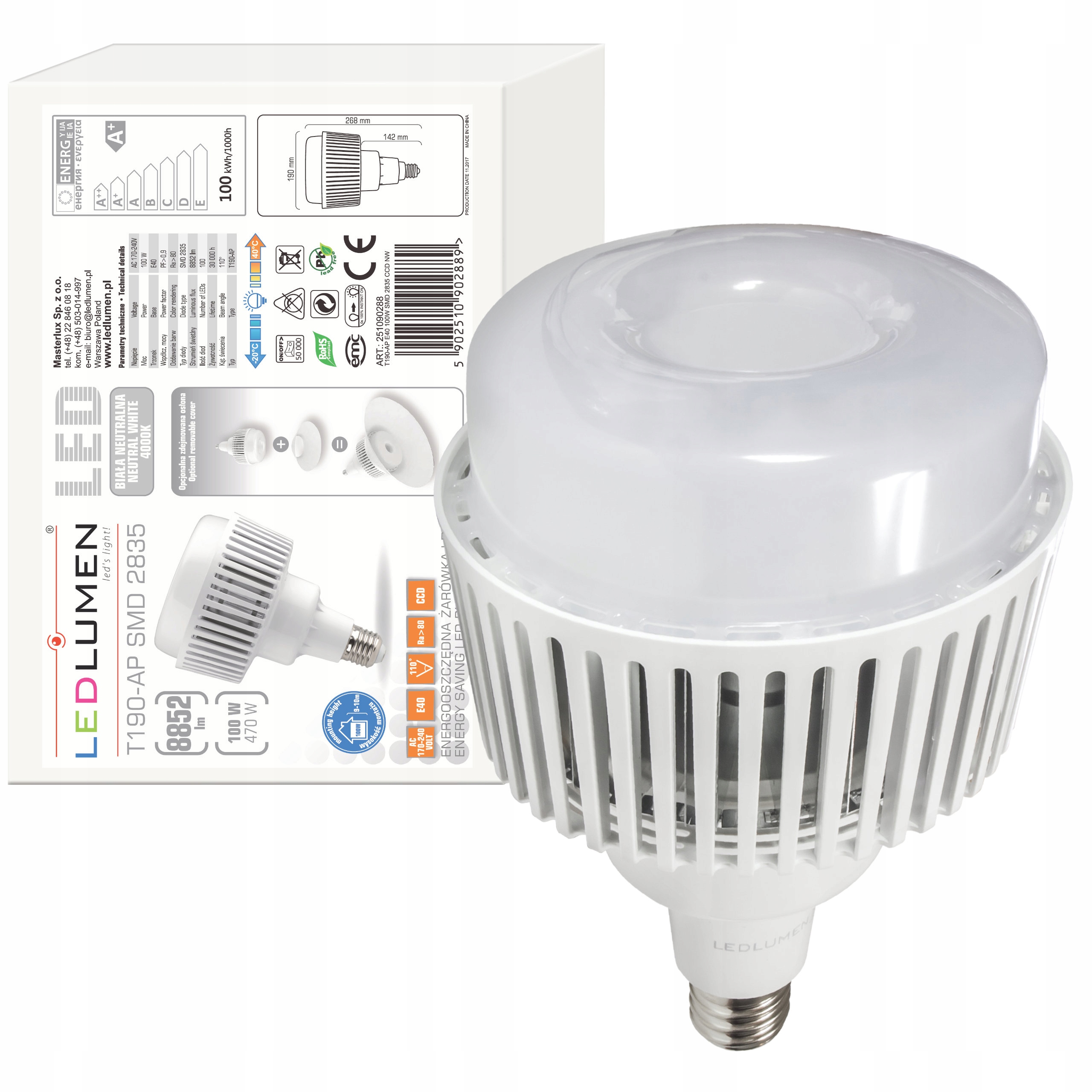 

Żarówka Led E40 T190 100W=470W 2835 Smd 8852lm CCD