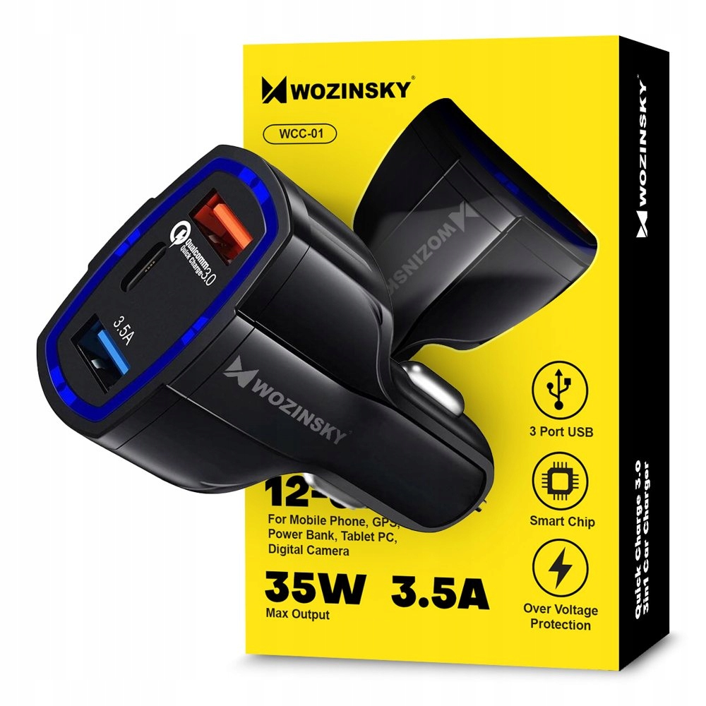 WOZINSKY ŁADOWARKA SAMOCHODOWA USB x2 i USB C