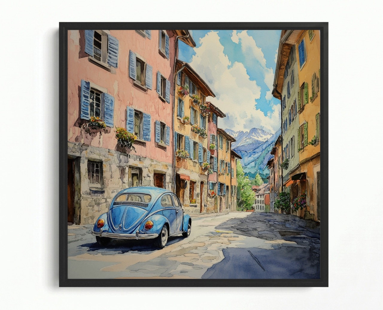 Obraz Rám American Box Město Městečko Ulička Modrý Auto 40x40