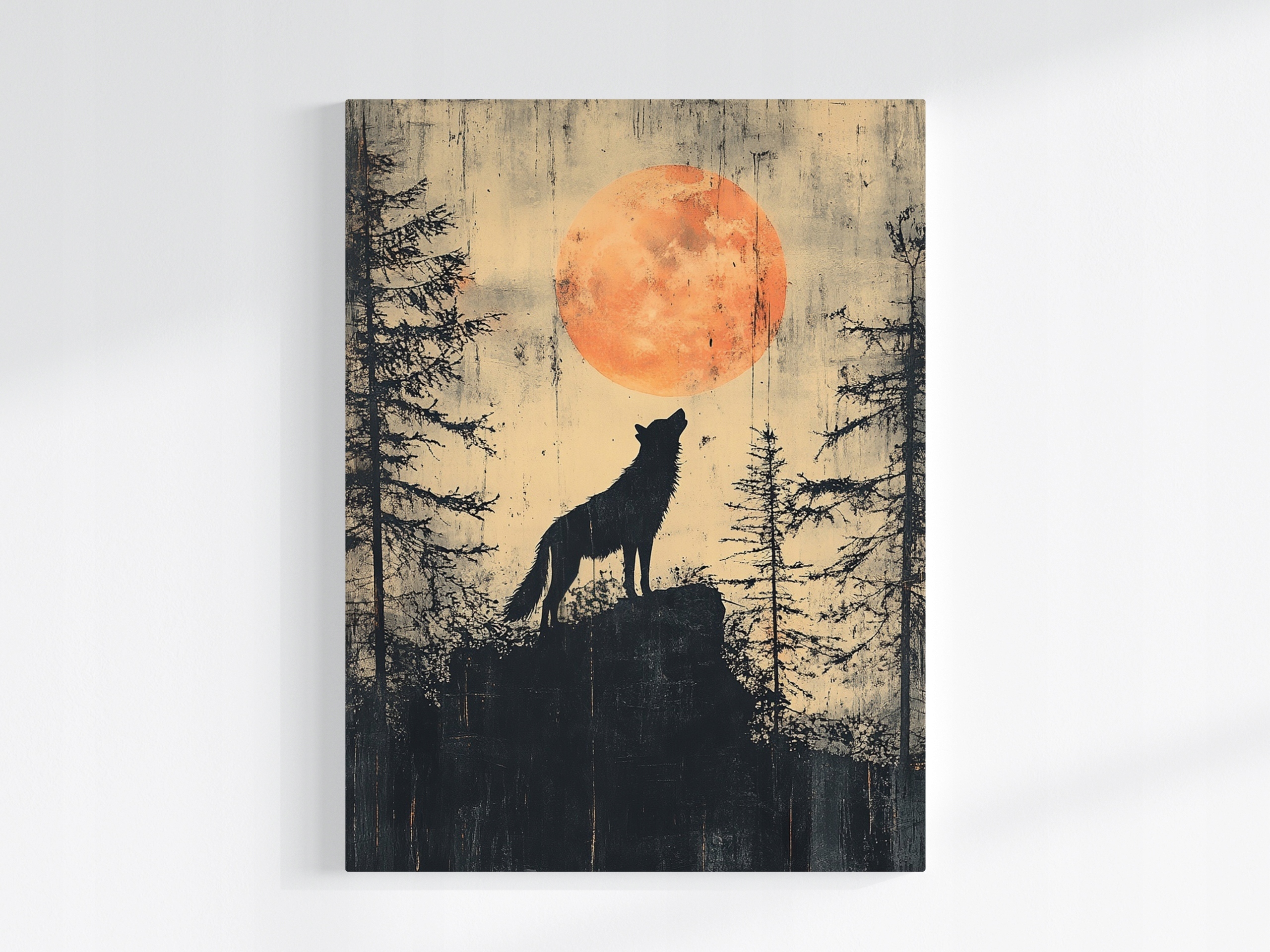 Plakát Vlk Vytí Měsíc Les Skály Noc Příroda 60x80