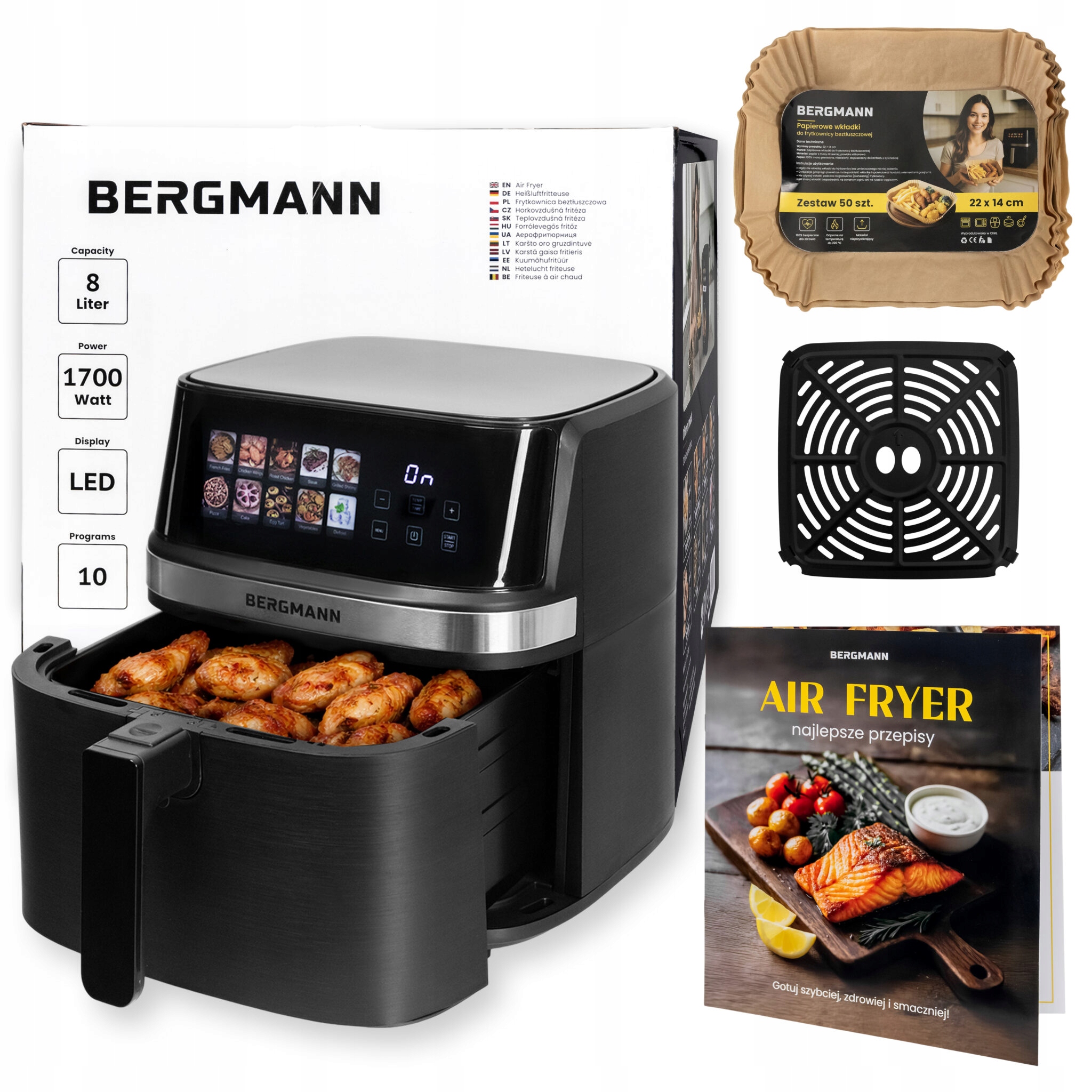 Frytkownica Beztłuszczowa 8L Air Fryer Bergmann 1700W 10 Programów +książka