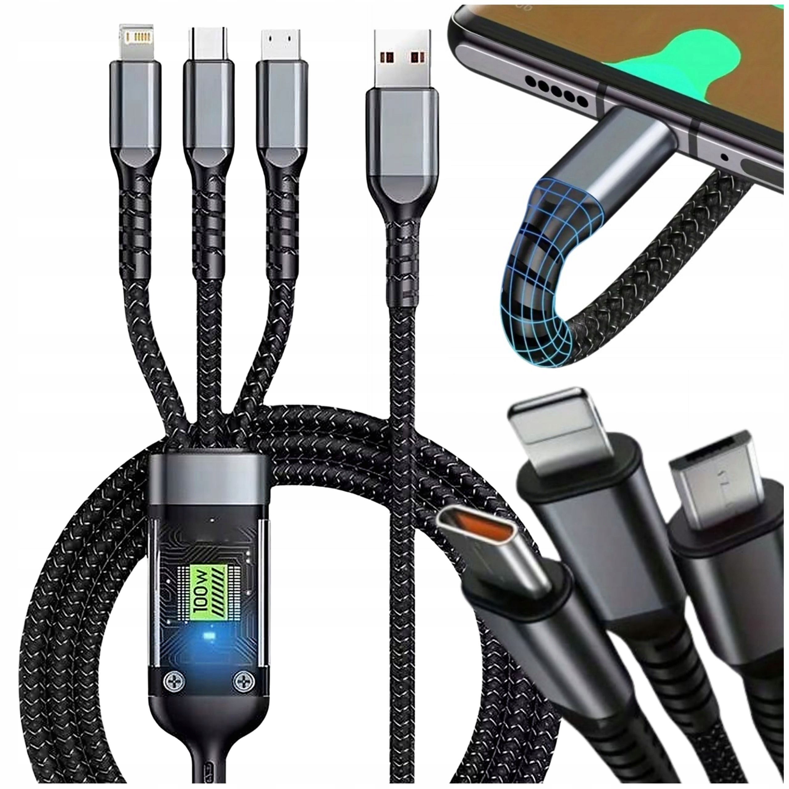 KABEL USB - USB TYP-C/microUSB/Lightning SZYBKIE ŁADOWANIE OPLOT 3w1 V3