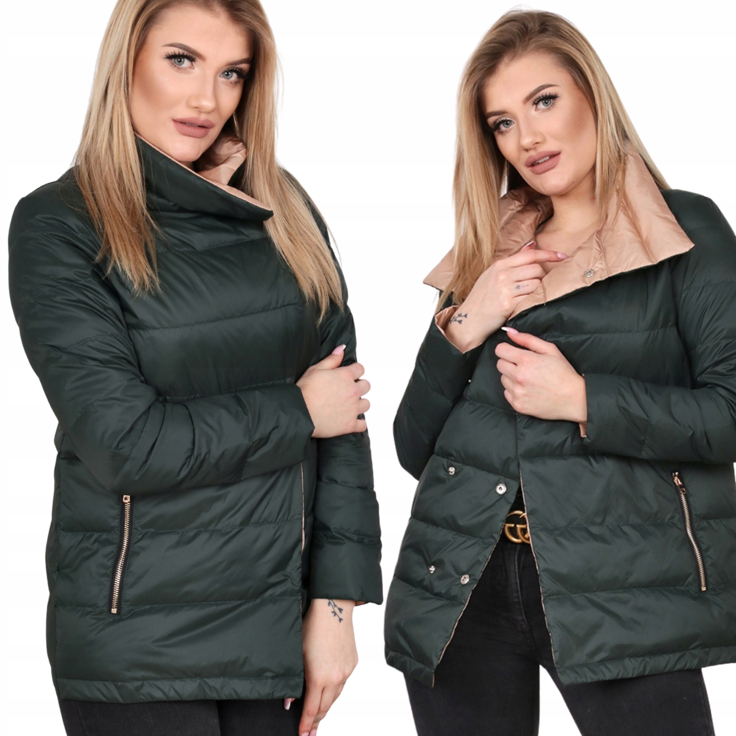 Kurtka Damska Puchowa Pikowana Ocieplana Wiosna Jesień Ziel Beż 40 L 2137