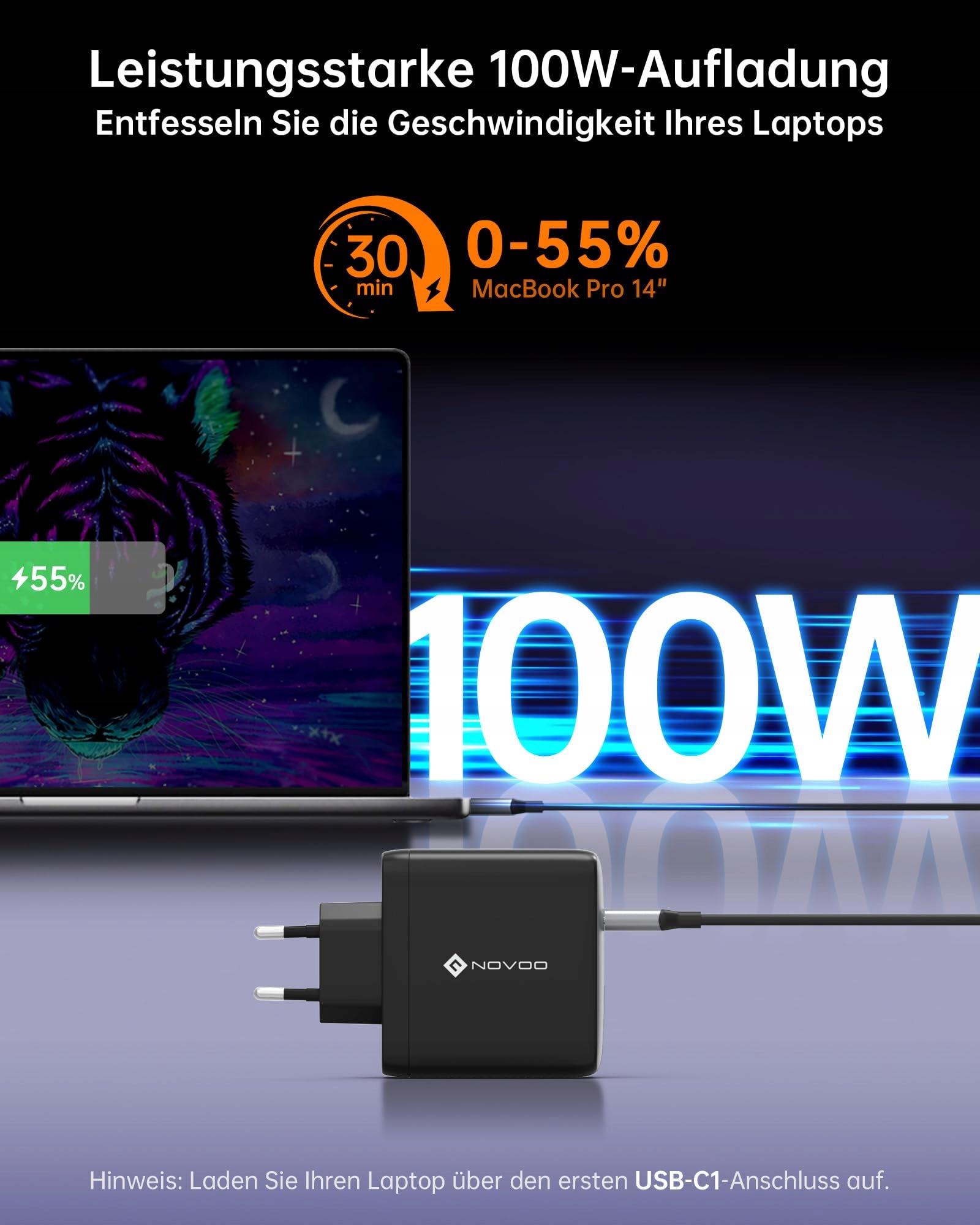 NOVOO 120W USB C Ładowarka GaN 3-Port Szybkie Ładowanie MacBook iPhone — miniatura 3