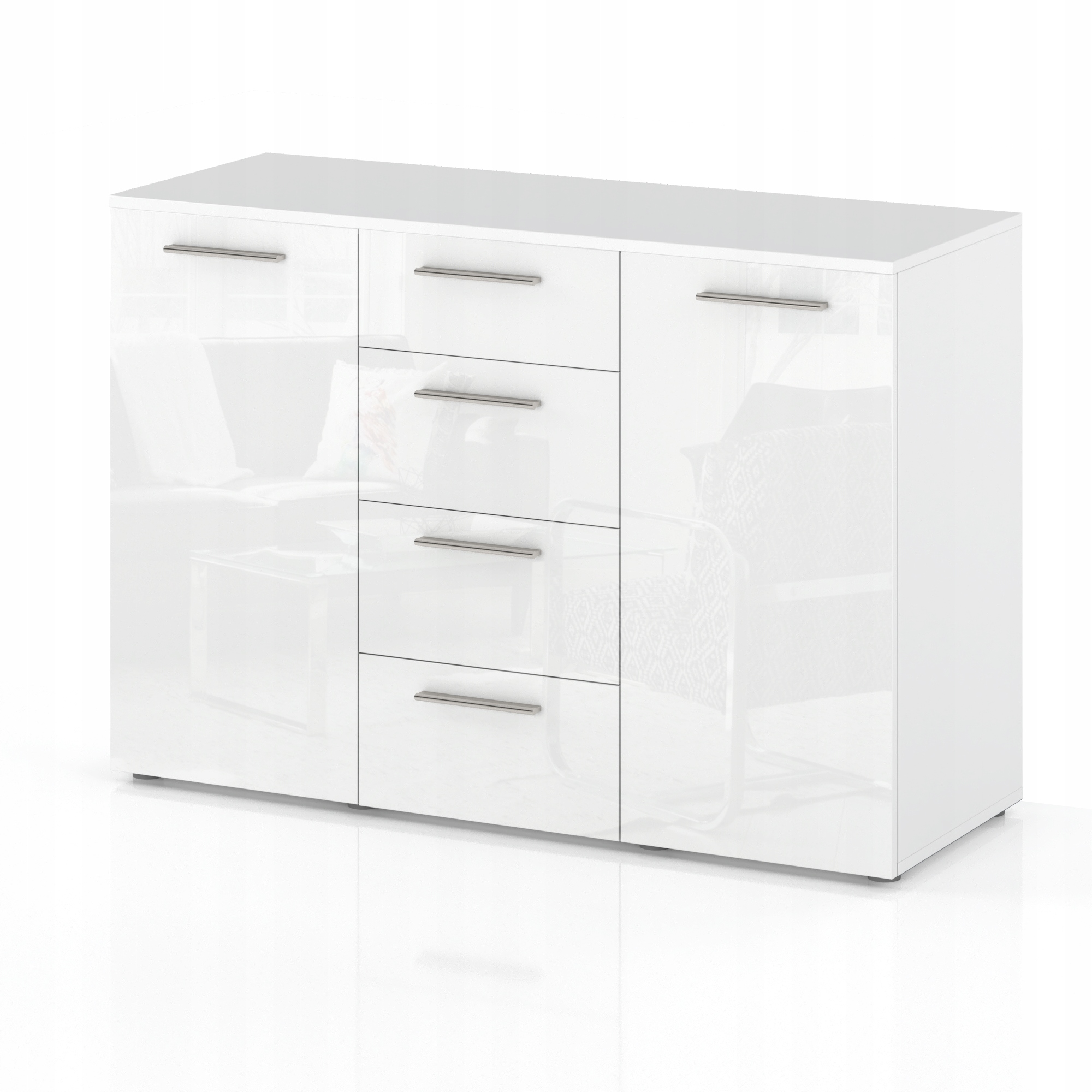 KOMODA 4 SZUFLADY SZAFKA DUŻA POJEMNA 2 DRZWI BIAŁY WYSOKI POŁYSK 150 cm