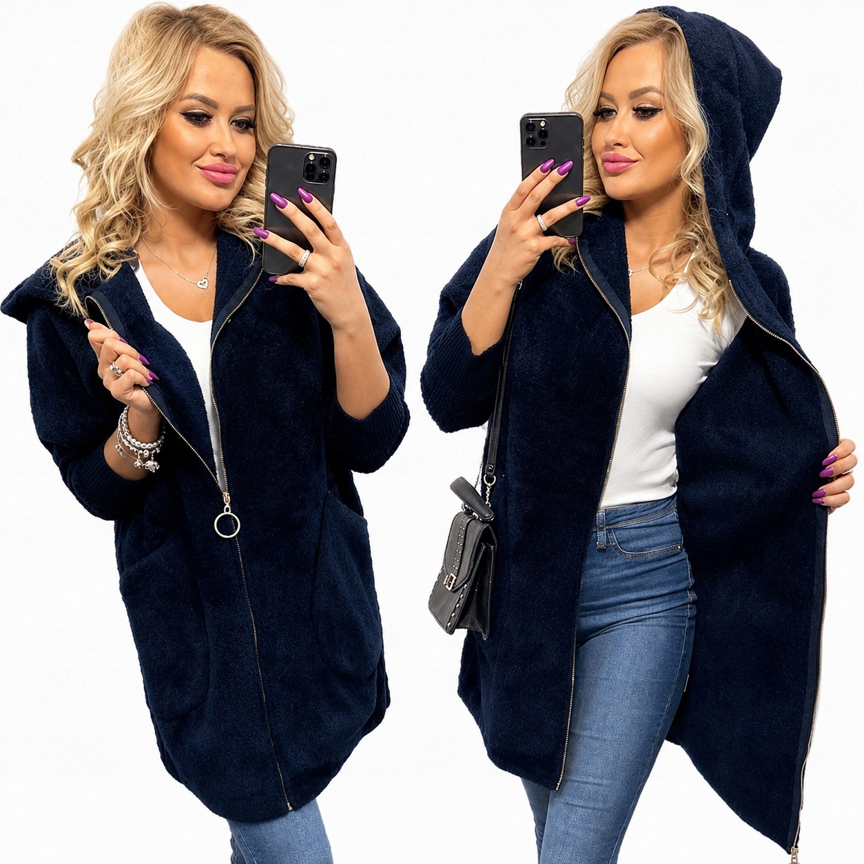 Alpaki Zip Kabát Vlna Barvy oversize Dlouhý Tmavě Modrý