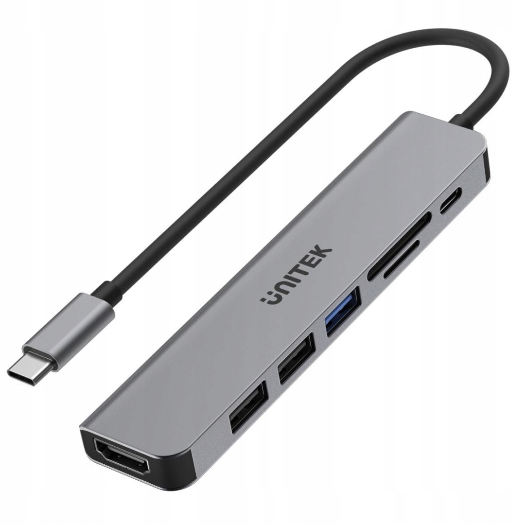 Hub Usb-c Unitek H1118A 7w1, Hdmi 4K, 3x Usb-a, Usb-c Pd 100W, alu