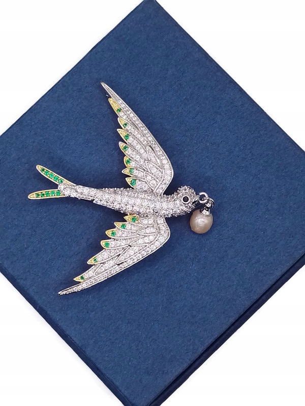 Luxusní Brož Přívěsek Pták Vlaštovka Stříbrná Krabička Jako Dárek