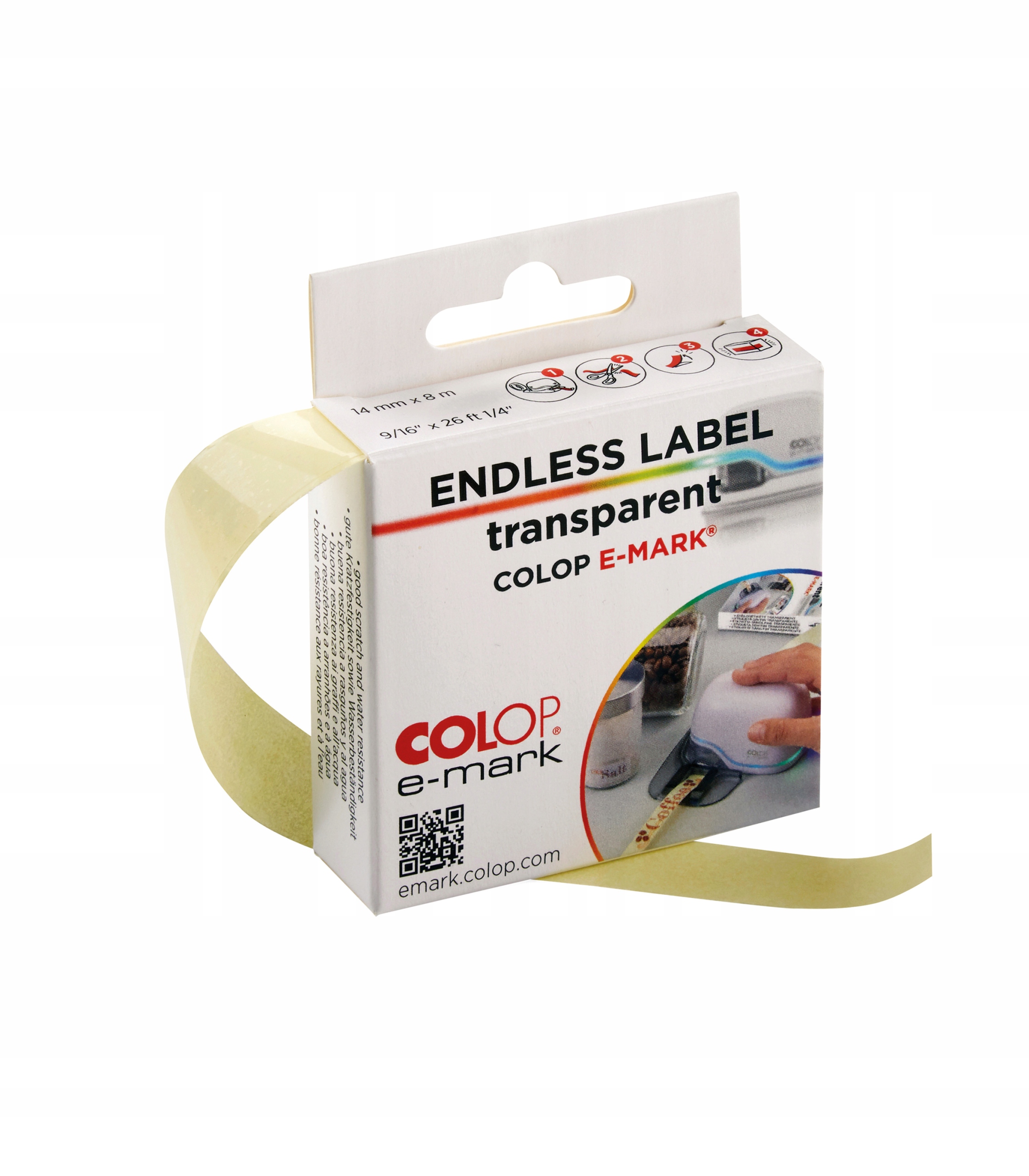 Etykieta w taśmie, transparentna pet 14 mm x 8 m do Colop e-mark