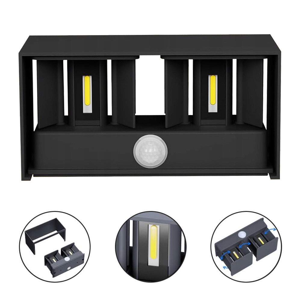 Led Venkovní Nástěnná Lampa 20W S Pohybovým Senzorem, Dvouhlavá, Černá