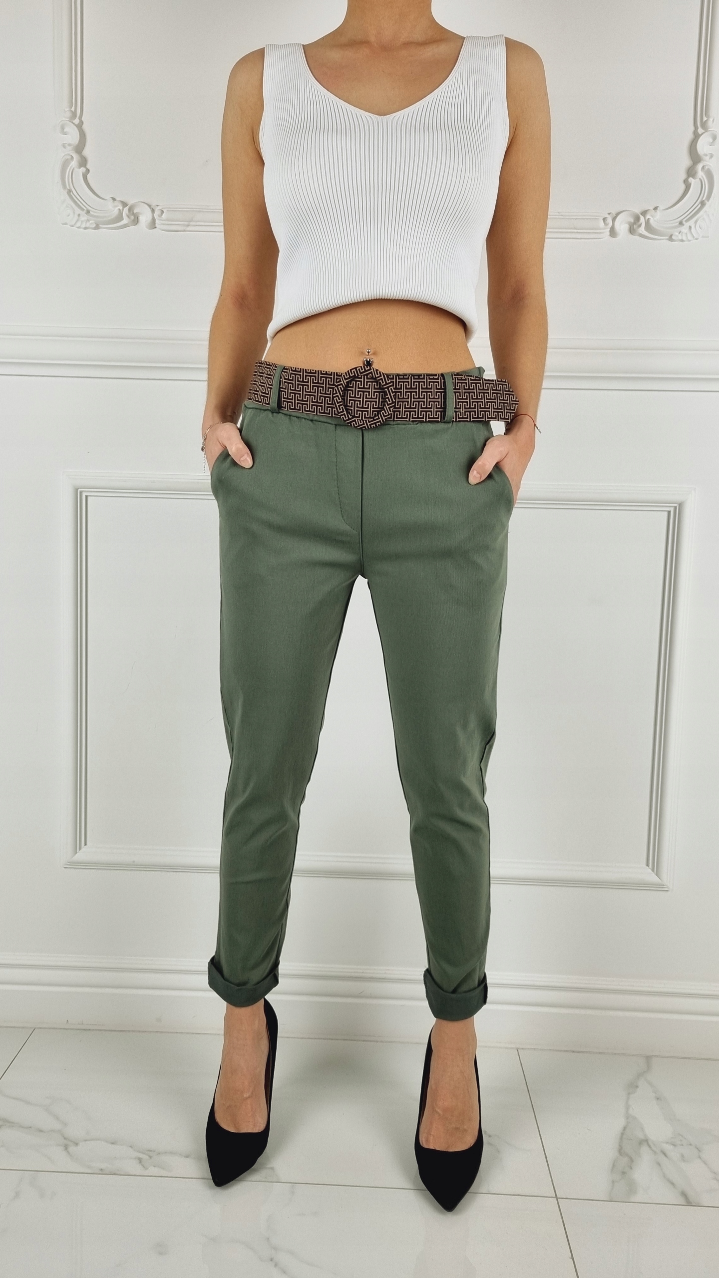 #ELASTYCZNE - SPODNIE - DAMSKIE - W GUMKĘ - PASEK# Stan (wysokość w pasie) wysoki