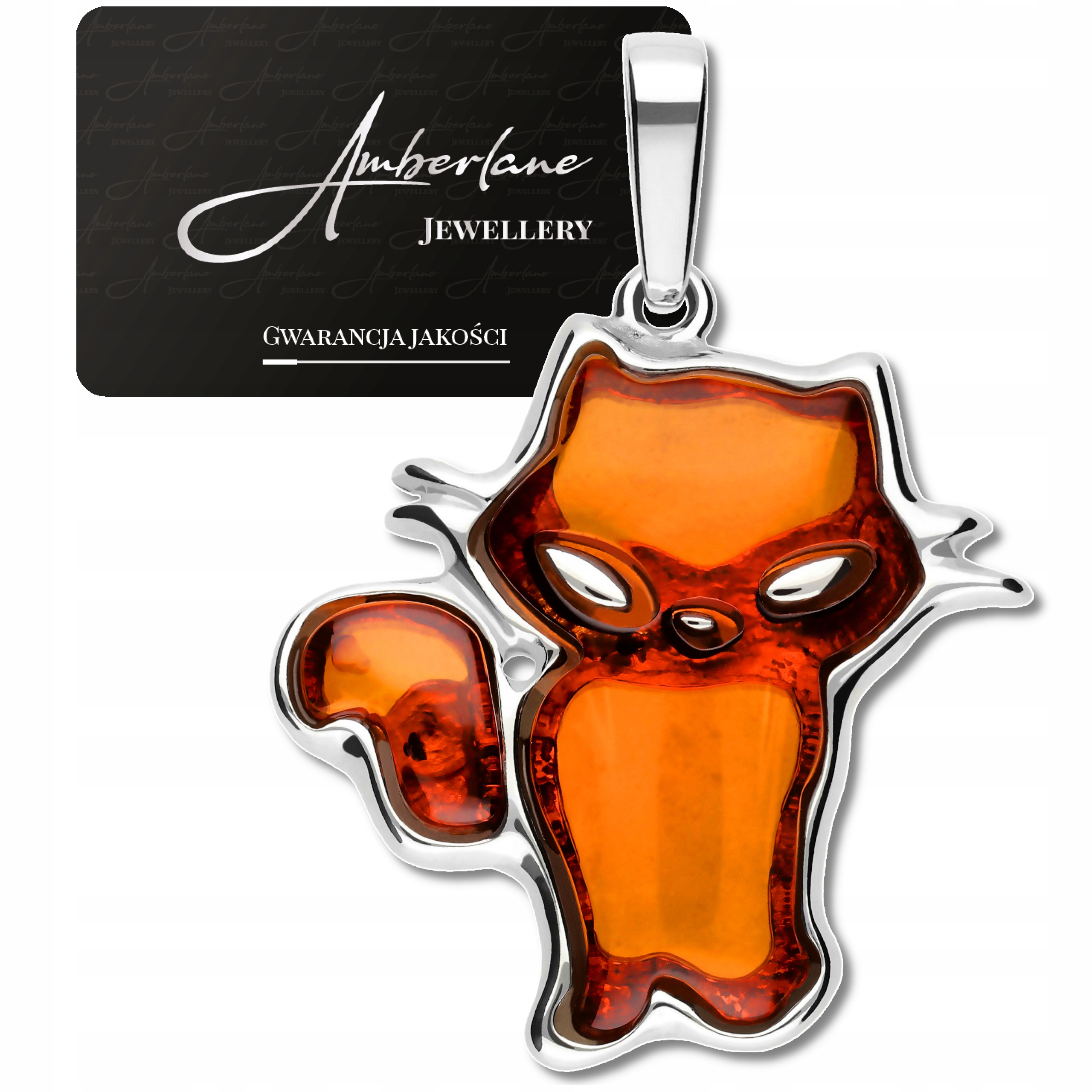 Přívěsek Kočka stříbro 925 s koňakovým jantarem – přírodní jantar