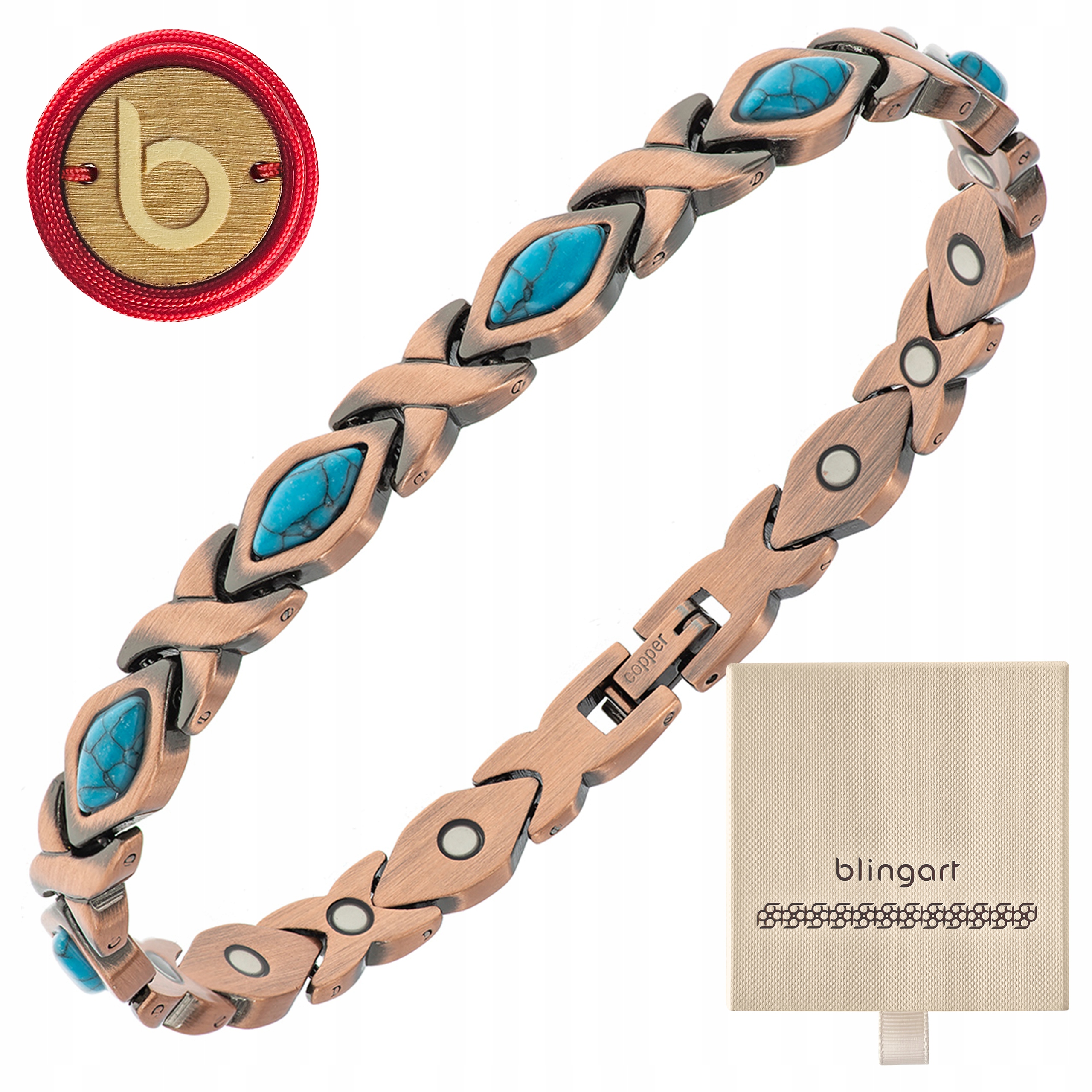 Měděný magnetický náramek dámský s tyrkysovými kameny Blingart