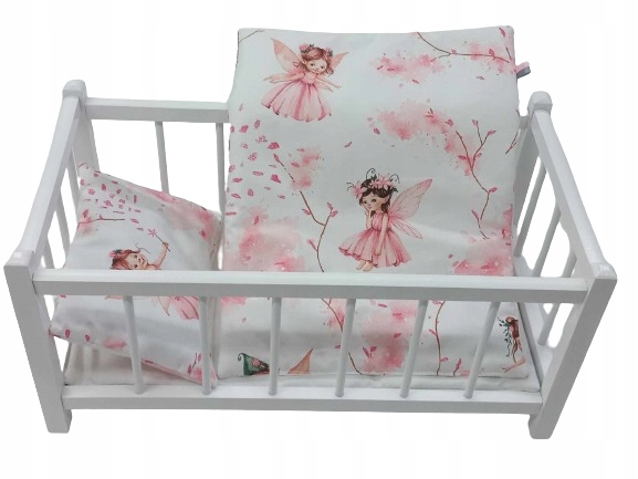 BIAŁE DREWNIANE ŁÓŻECZKO DLA LALEK + POŚCIEL WRÓŻKI - DO WYBORU