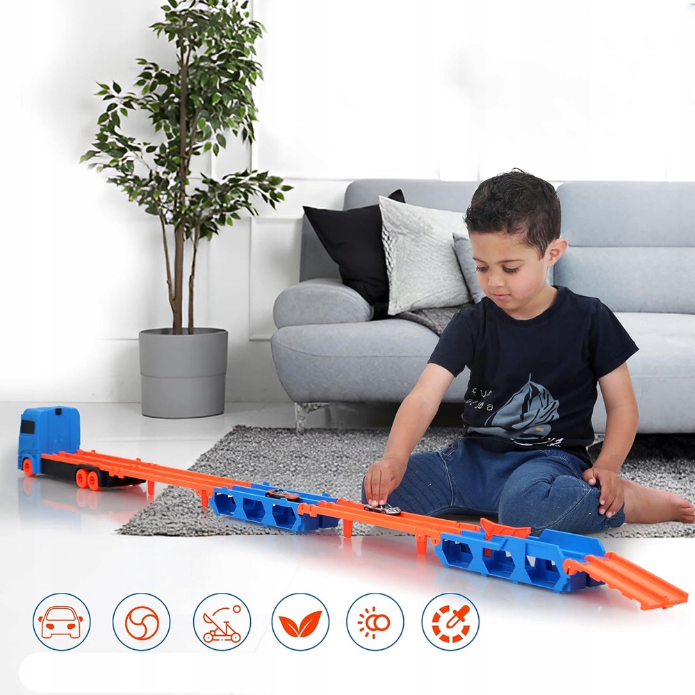 CIĘŻARÓWKA TIR ROZKŁADANA LAWETA TOR SAMOCHODOWY TRANSPORTER + 6 AUTKA Minimalny wiek dziecka 3