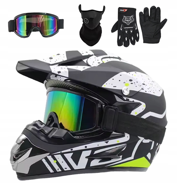 KASK CROSSOWY NA CROSSA MOTOCYKL ENDURO Maska+Gogle+Rękawice