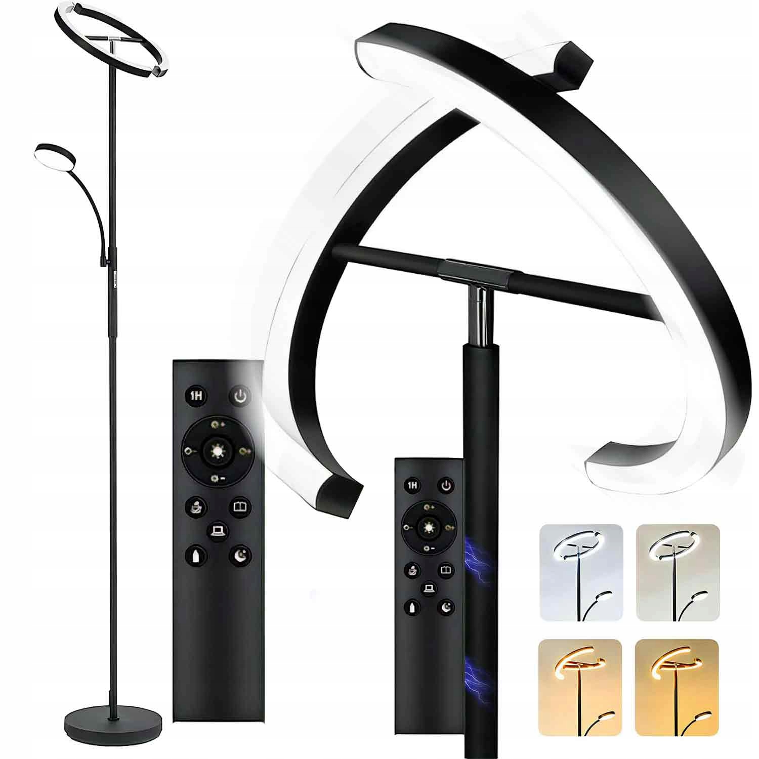 Lampa Stojąca Led Podłogowa Czarna do Salonu Z Pilotem i Elastyczną Lampką