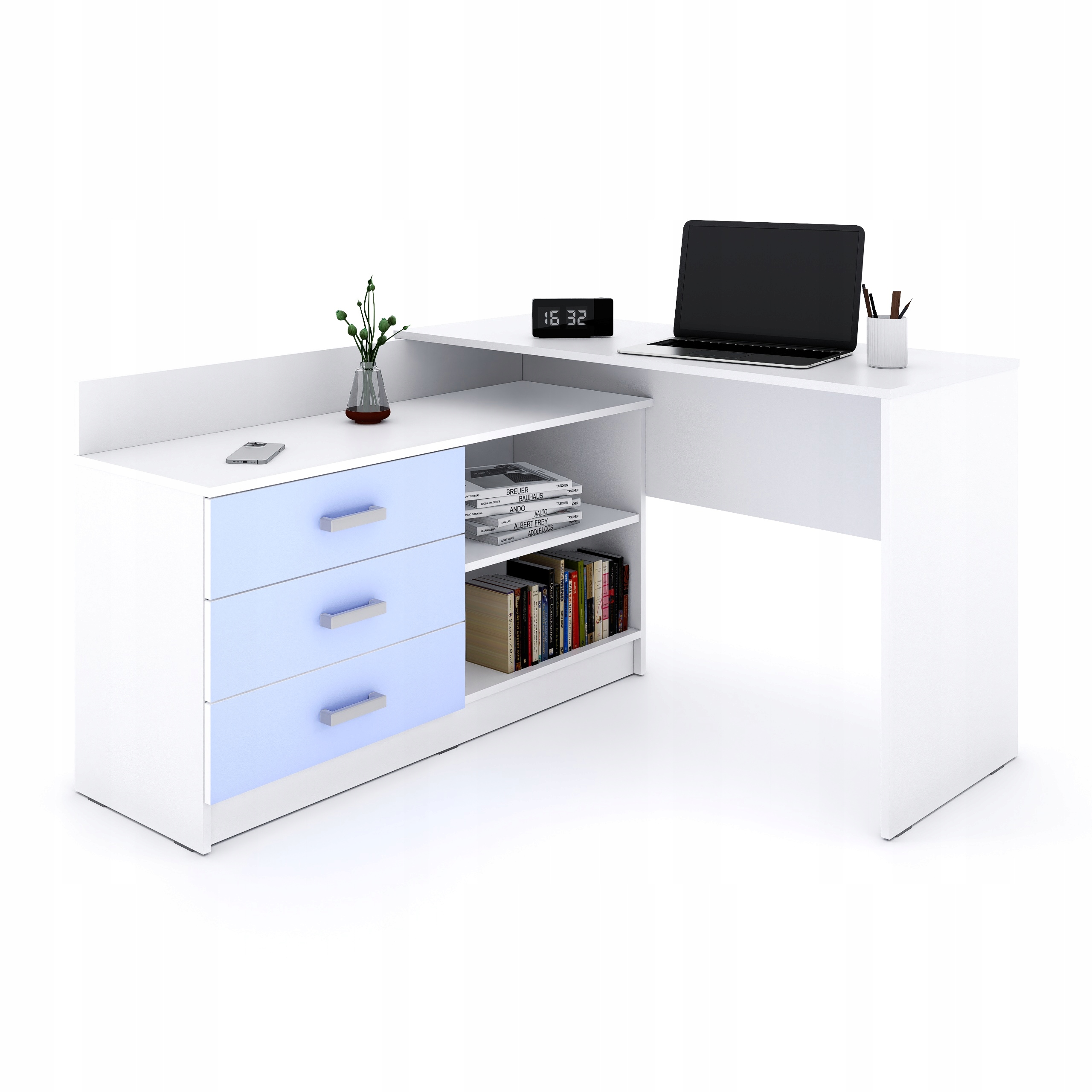 Pro Mládež rohový psací stůl Alto ve tvaru písmene – světle modrý