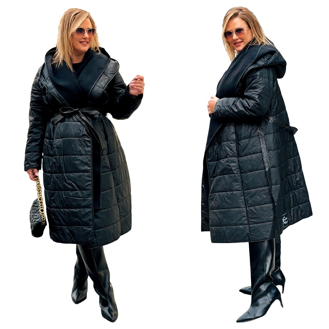 Prošívaný kabát se zavazováním s kapucí Plus Size Dlouhý Cavaricci Černý 2XL