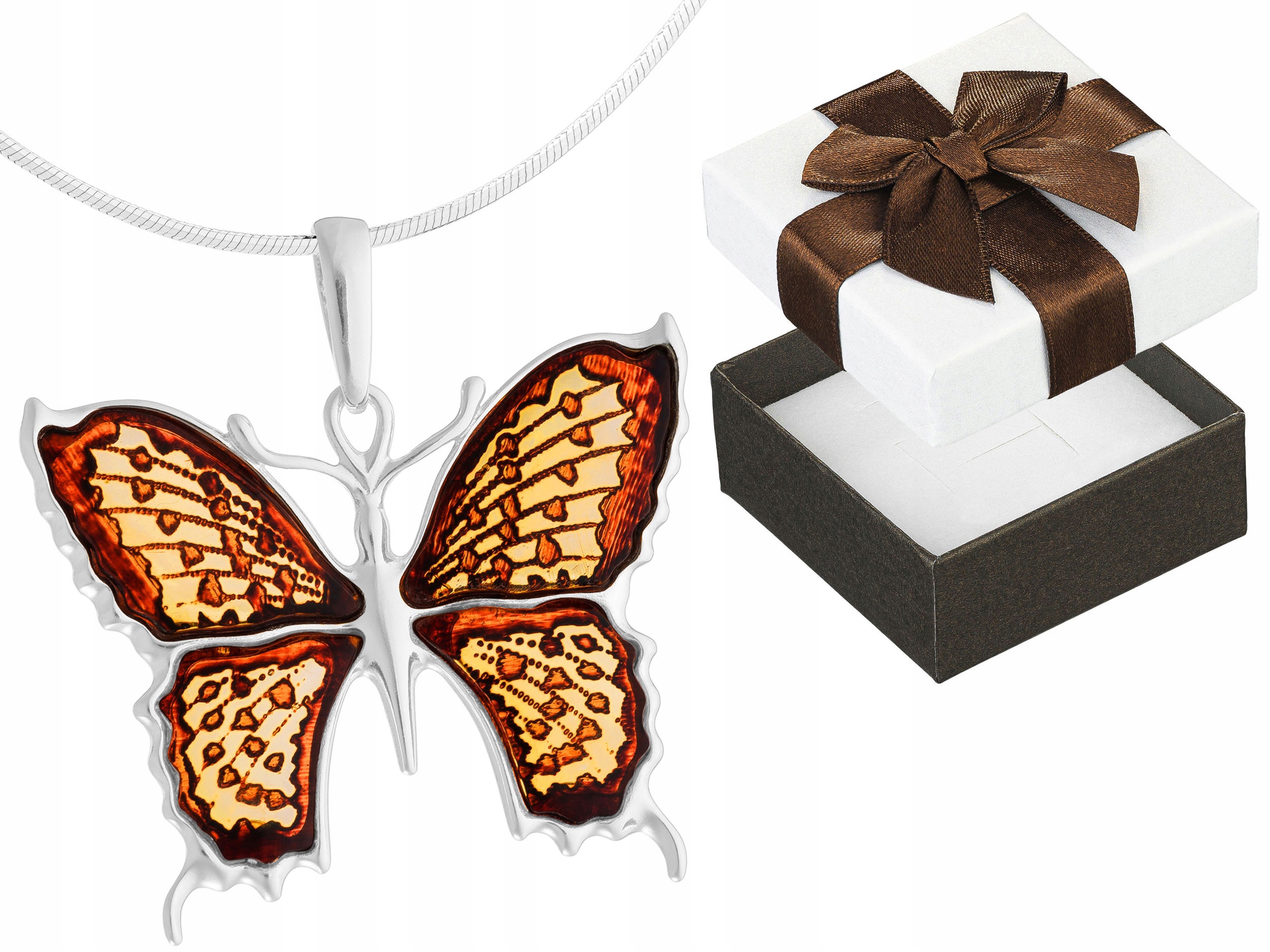 Velký stříbrný dámský náhrdelník Motýl s jantarem Motýlek Krátký Choker 38 Cm