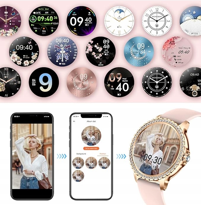 SMARTWATCH ZEGAREK DAMSKI POLSKIE MENU ROZMOWY CIŚNIENIE PULS CYRKONIE Transmisja danych brak