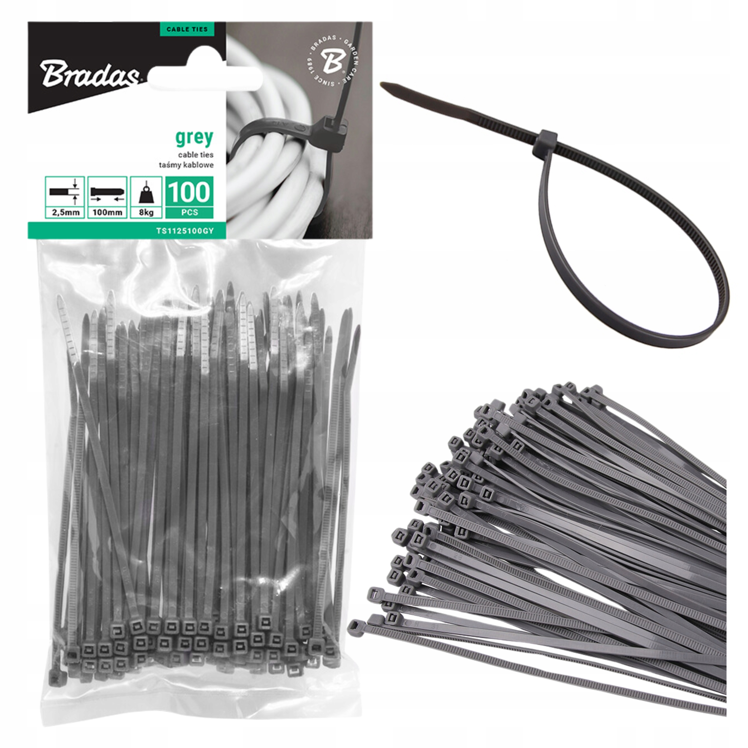Opaski Trytki Zaciskowe Kablowe Uv Szare Bradas 2,5 mm x 100 mm 100 szt.