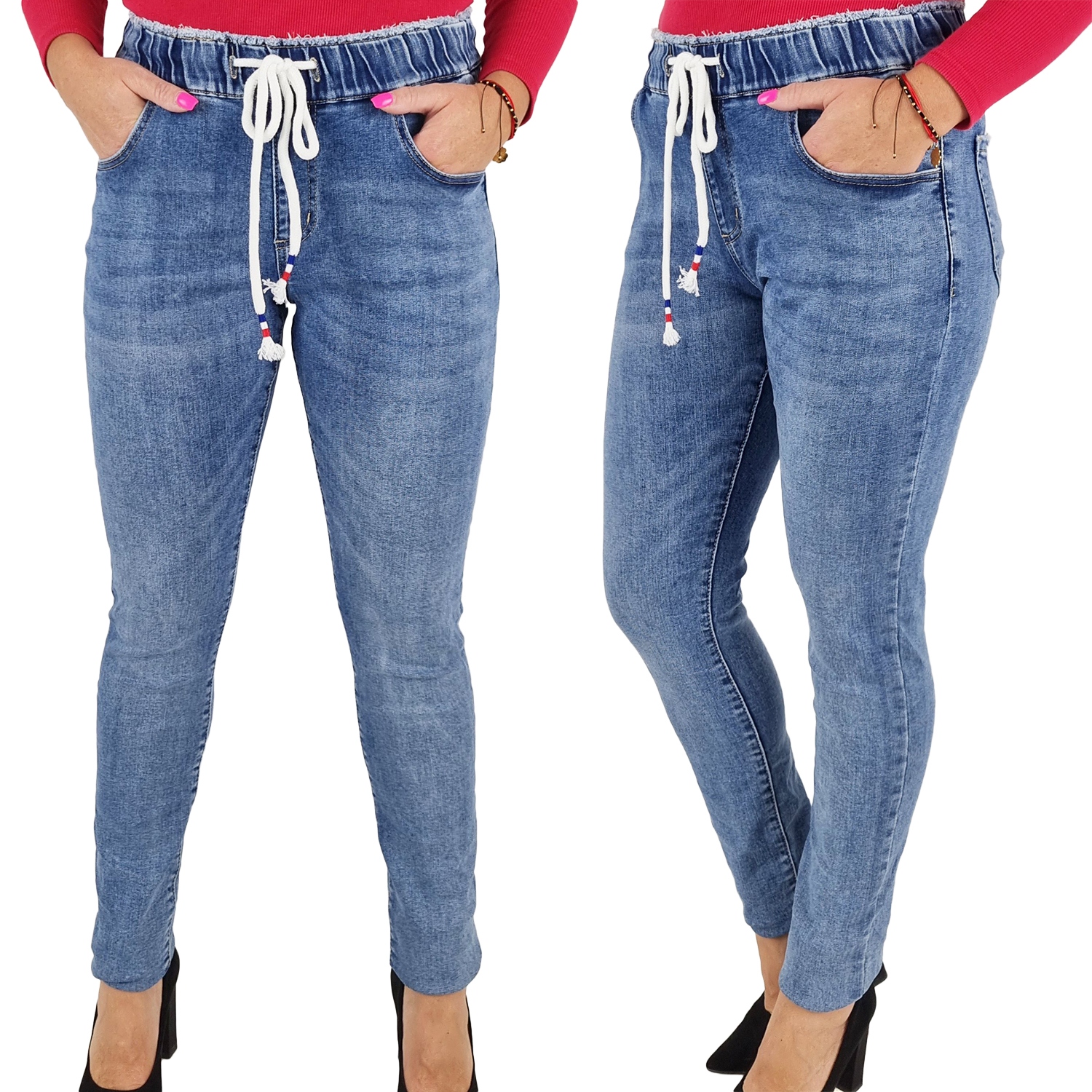 Damskie Spodnie Wyszczuplające Modelujące Gumka Blue Plus Size