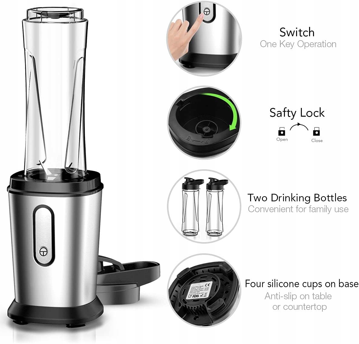 Qxmcov Blender 500W Mini Smoothie Maker 2x600ml BPA Free Stal Nierdzewna — miniatura 10