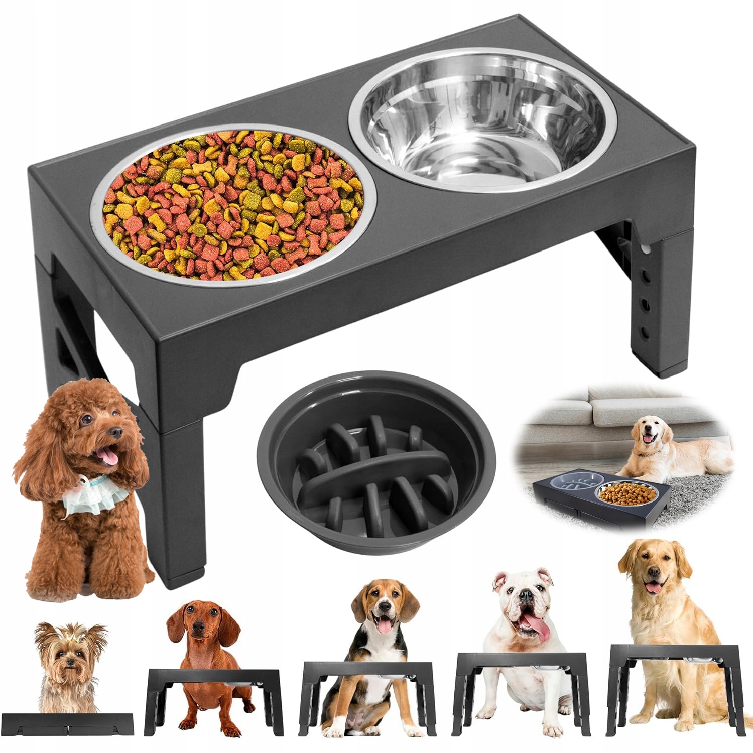 Levně Regulovatelný Stojan Černý Na Misky, Sada Pro Kočky, Psa, Na Krmivo, Pevný