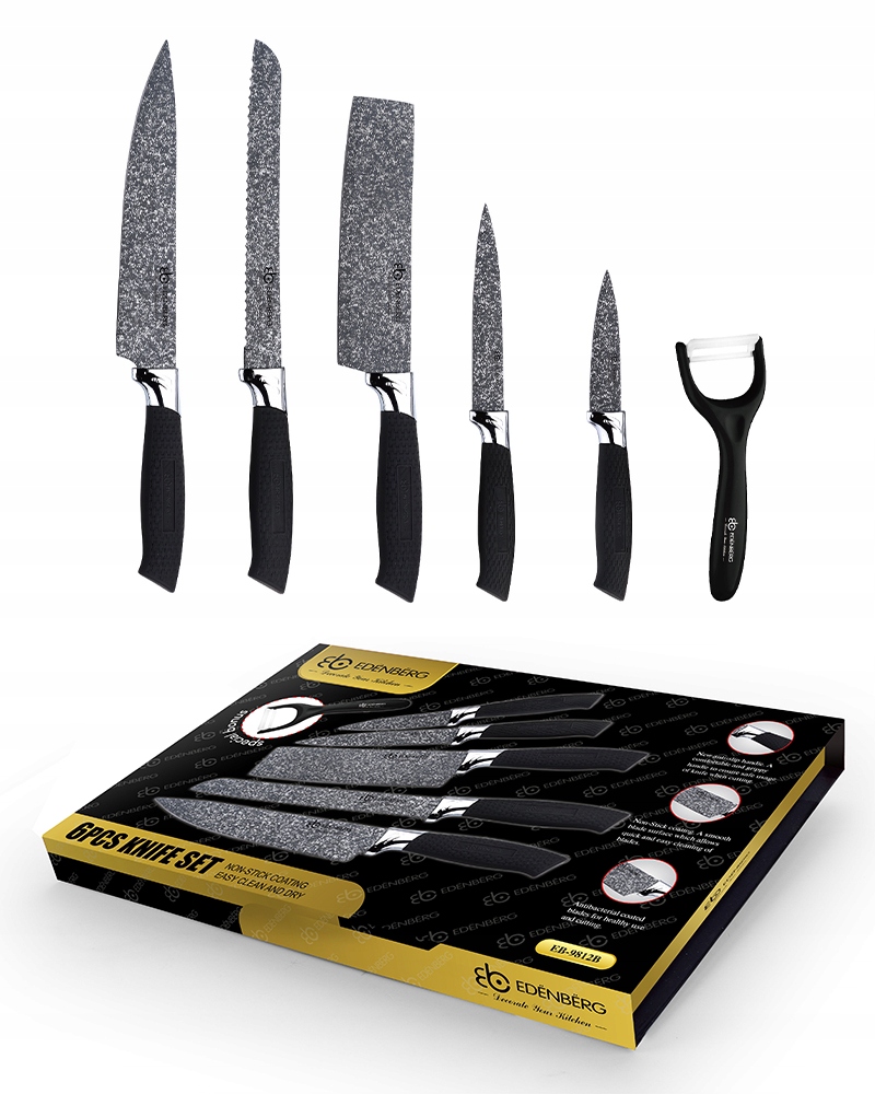 WYGODNY ZESTAW 5 NOŻY KUCHENNYCH + OBIERACZKA EDENBERG 9812 B - CZARNE