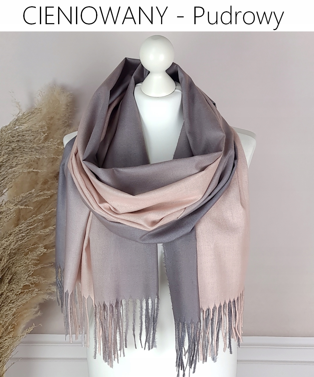 DŁUGI SZAL CIENIOWANY z FRĘDZLAMI chusta - KOLORY Model ponczo narzutka elegancki szalik ciepły gładki